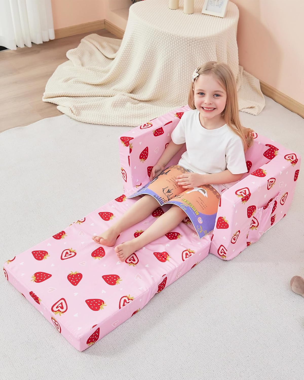 lasoftan Toddler Couch, 2-in-1 Soft Kids Couch Bed Fold Out, Toddler Chairs Comfy for Boys & Girls, Convertible Kids Sofa to Lounge for Playroom, Gift for Birthday, Children's Day - Pink Strawberry