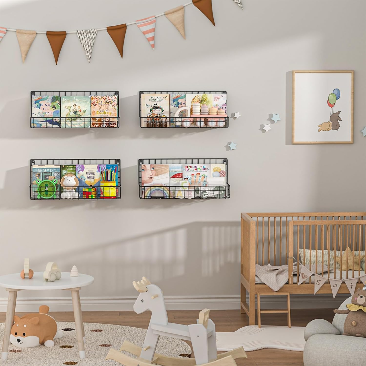 X-cosrack 4-Pack Wall Mounted Metal Kids Bookshelf, Floating Book Shelves for Kids Nursery Toddler Classroom, Hanging Book Shelf Organizer for Room Decor, Black