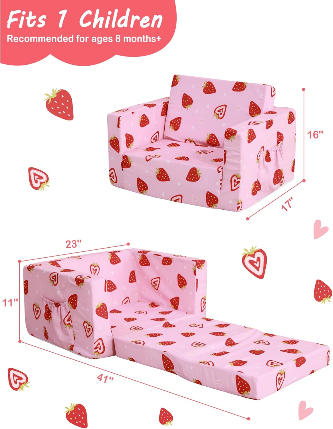 Alternative view of lasoftan Toddler Couch, 2-in-1 Soft Kids Couch Bed Fold Out, Toddler Chairs Comfy for Boys & Girls, Convertible Kids Sofa to Lounge for Playroom, Gift for Birthday, Children's Day - Pink Strawberry
