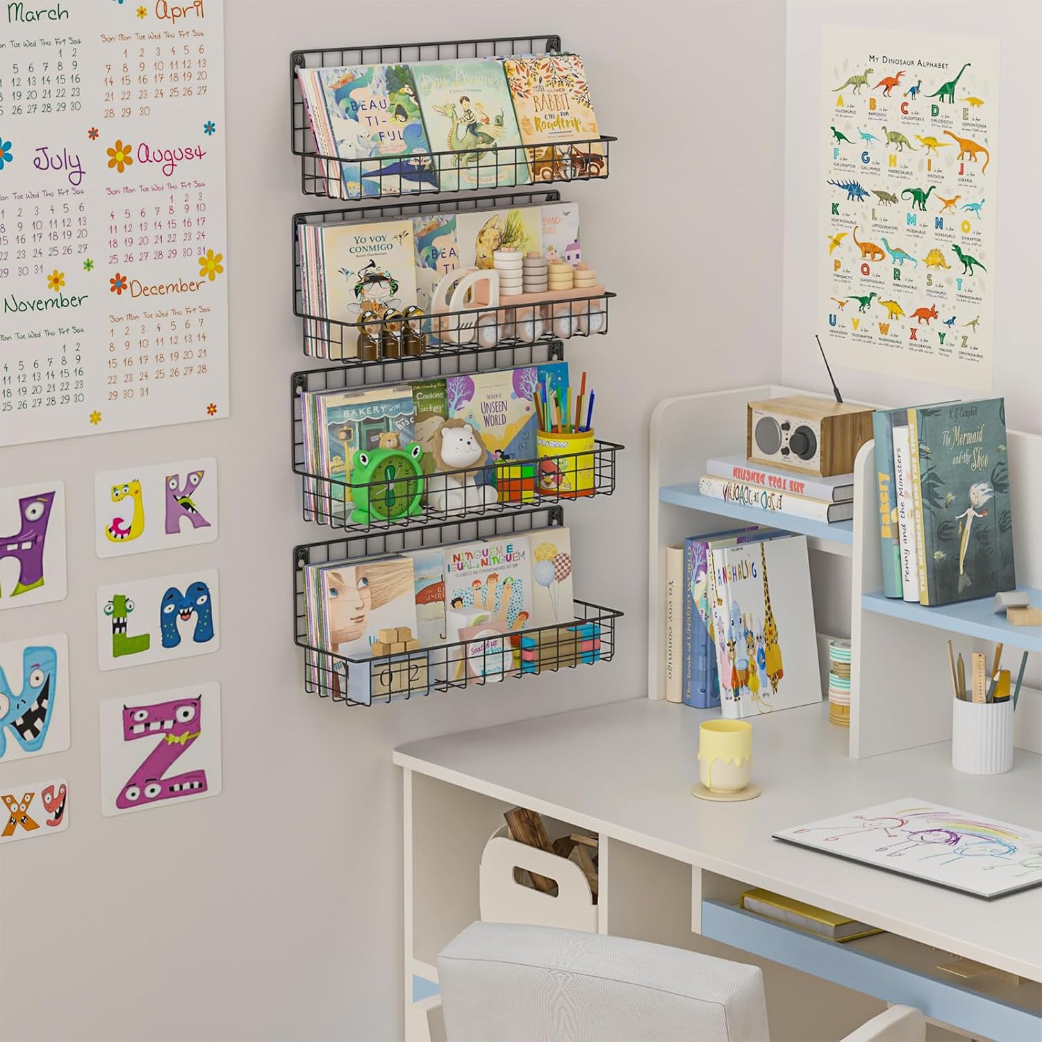 X-cosrack 4-Pack Wall Mounted Metal Kids Bookshelf, Floating Book Shelves for Kids Nursery Toddler Classroom, Hanging Book Shelf Organizer for Room Decor, Black - Image 3