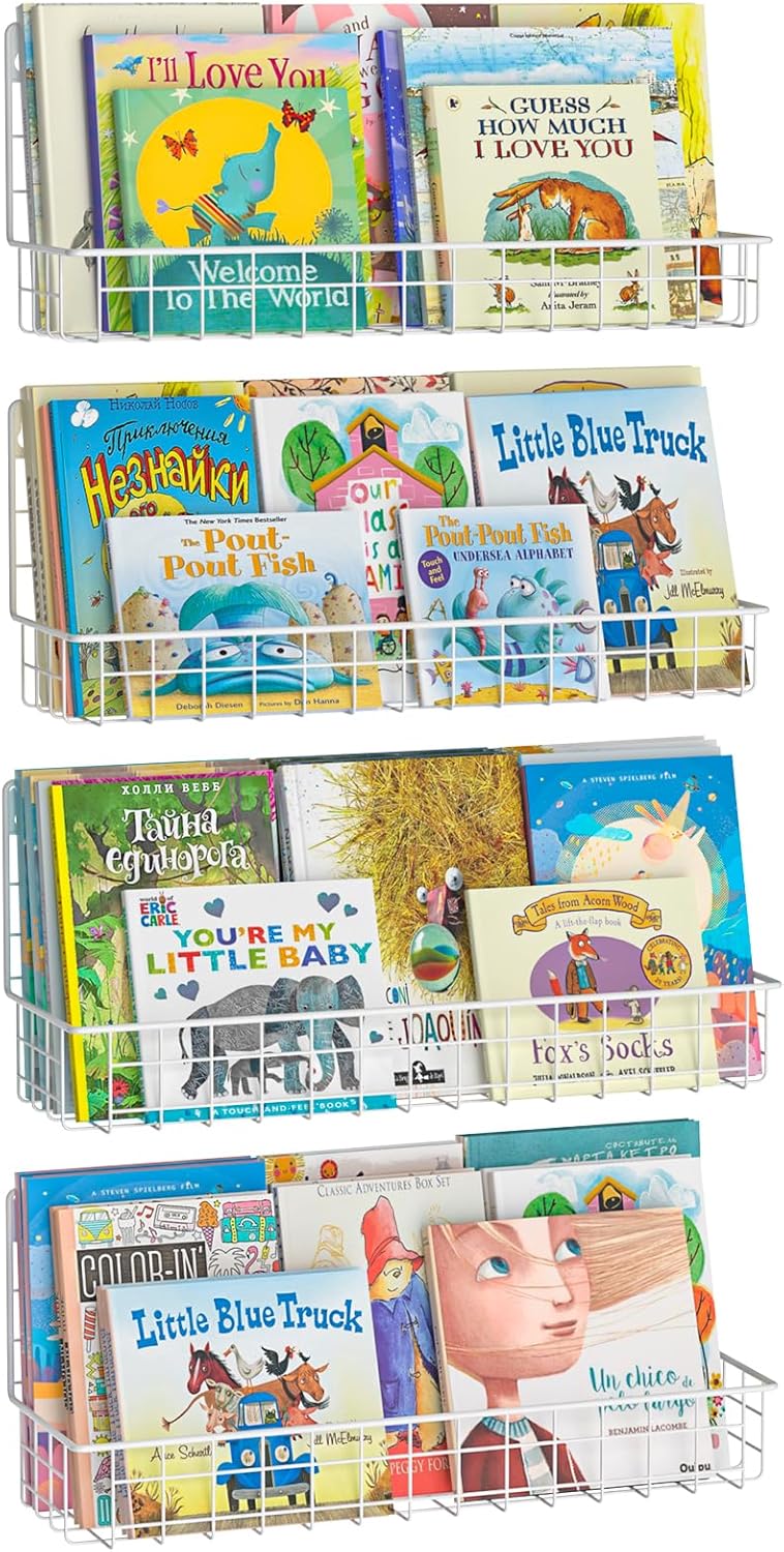 X-cosrack 4-Pack Wall Mounted Metal Kids Bookshelf, Floating Book Shelves for Kids Nursery Toddler Classroom, Hanging Book Shelf Organizer for Room Decor, Black - Image 7