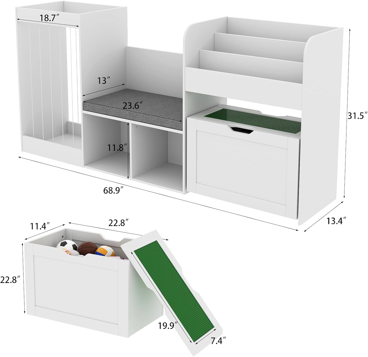 VortinT 68.9" W Kids Reading Nook, Toy Storage Box with Removable Building Baseplate Play Lid for Lego, Wooden Bookshelf with Stuffed Animal Storage, Bench and Removable Cushions for Playroom(White)