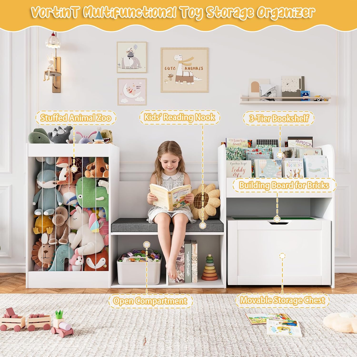Alternative view of VortinT 68.9" W Kids Reading Nook, Toy Storage Box with Removable Building Baseplate Play Lid for Lego, Wooden Bookshelf with Stuffed Animal Storage, Bench and Removable Cushions for Playroom(White)