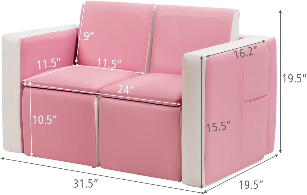 Alternative view of Costzon Kids Couch, 2 in 1 Double Seat Children's Sofa Convert to Table and Two Chairs for School, Storage Space, PVC Surface, Large Soft Kids Preschool Sofa Couch for Boys Girls Gifts (Pink)