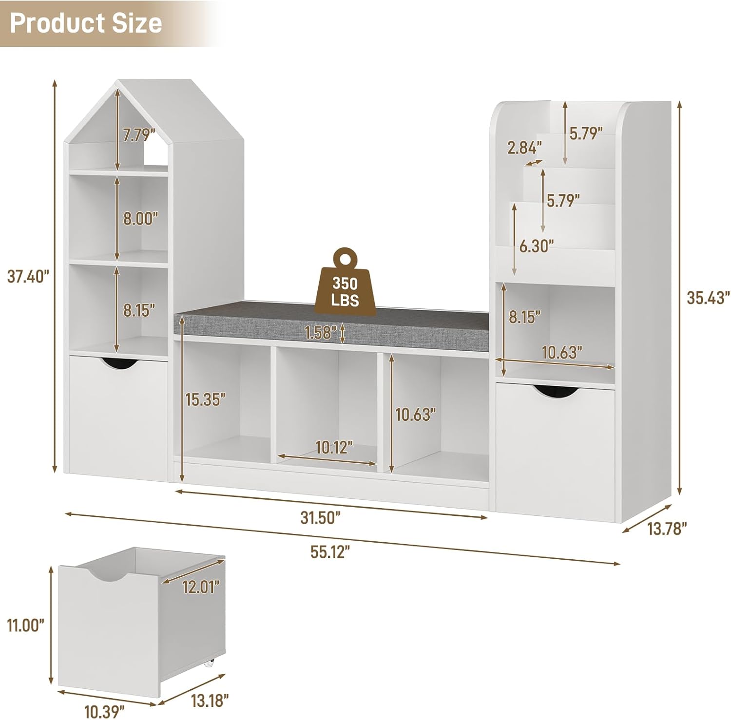 Kids Bookcase with Reading Nook, Bench Kids Bookshelf with 7 Storage Cubbies and 2 Movable Drawers, Multi-Purpose Toy Storage Organizer with Seat Cushion for Playroom, Bedroom, Living Room, White