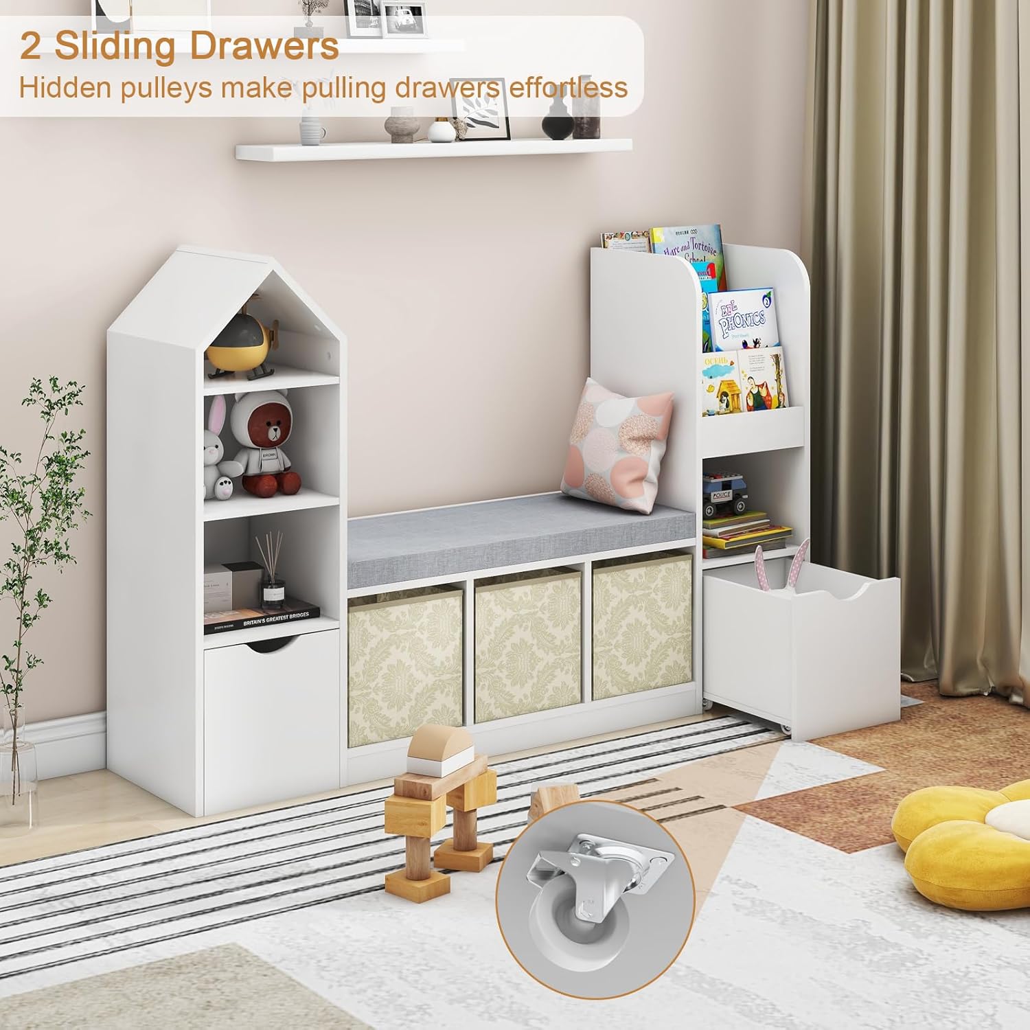 Alternative view of Kids Bookcase with Reading Nook, Bench Kids Bookshelf with 7 Storage Cubbies and 2 Movable Drawers, Multi-Purpose Toy Storage Organizer with Seat Cushion for Playroom, Bedroom, Living Room, White