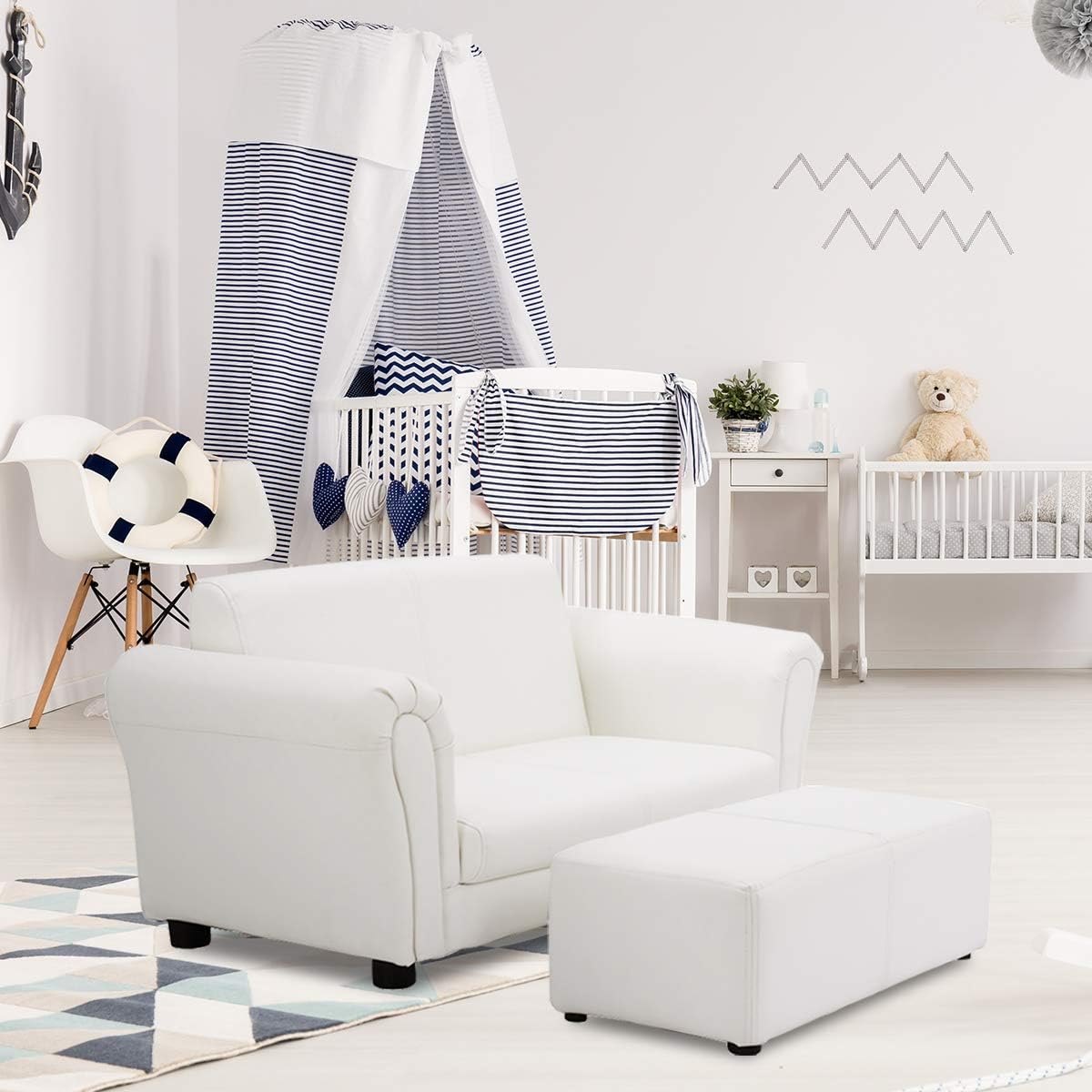 Costzon Kids Couch with Footstool, 2 in 1 Double Seat Children's Sofa w/PU Leather Surface, Armrest Chair Lounge, Soft Sofa for Preschool Bedroom Kids Room Toddlers Boys Girls Birthday (White)