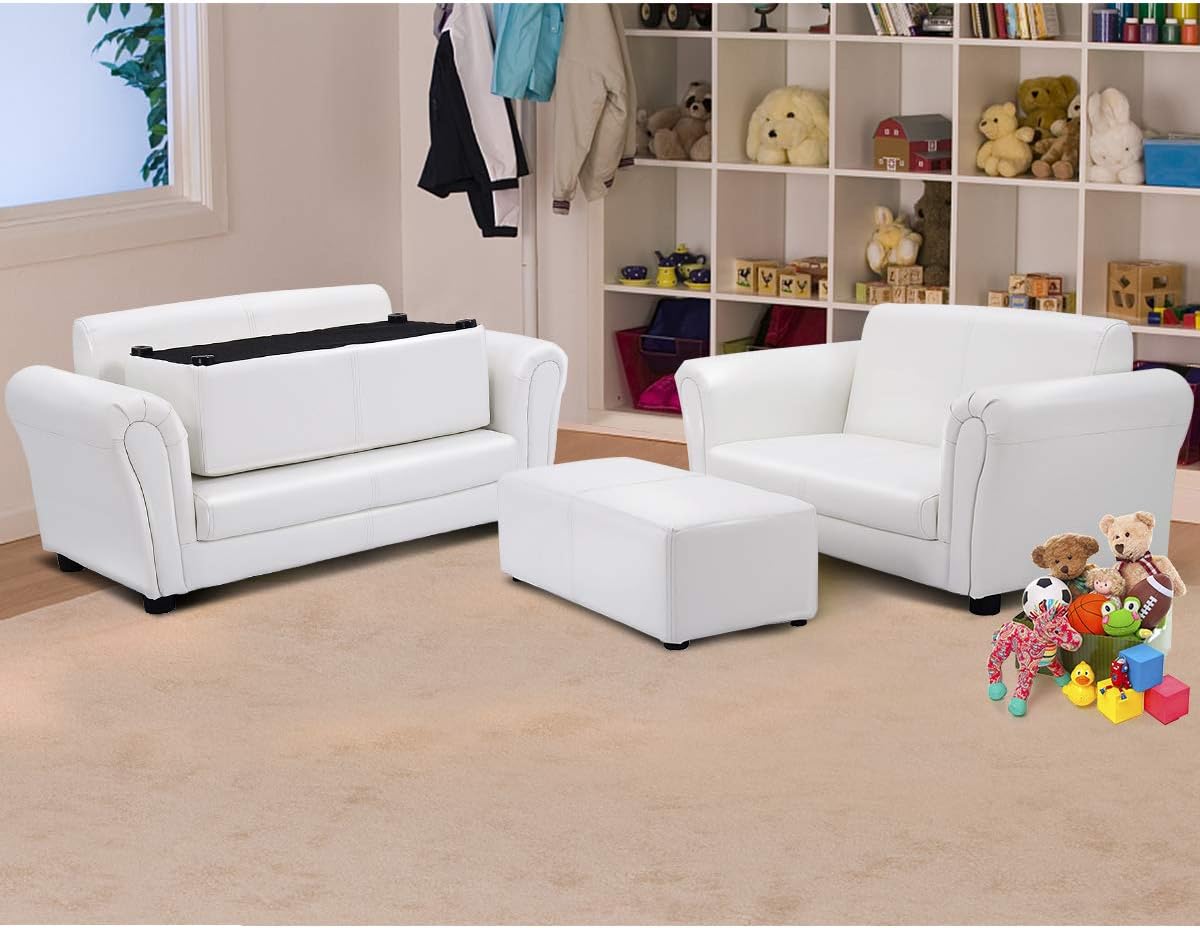 Costzon Kids Couch with Footstool, 2 in 1 Double Seat Children's Sofa w/PU Leather Surface, Armrest Chair Lounge, Soft Sofa for Preschool Bedroom Kids Room Toddlers Boys Girls Birthday (White) - Image 3