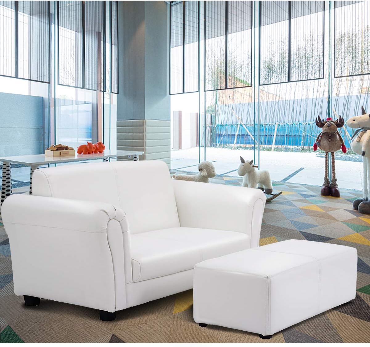 Costzon Kids Couch with Footstool, 2 in 1 Double Seat Children's Sofa w/PU Leather Surface, Armrest Chair Lounge, Soft Sofa for Preschool Bedroom Kids Room Toddlers Boys Girls Birthday (White) - Image 4