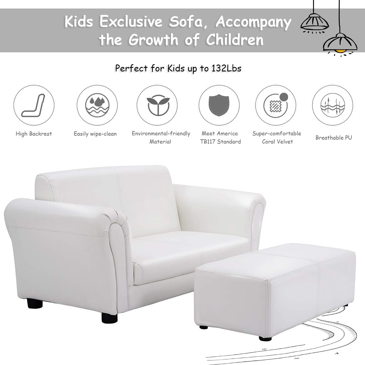 Costzon Kids Couch with Footstool, 2 in 1 Double Seat Children's Sofa w/PU Leather Surface, Armrest Chair Lounge, Soft Sofa for Preschool Bedroom Kids Room Toddlers Boys Girls Birthday (White) - Image 5