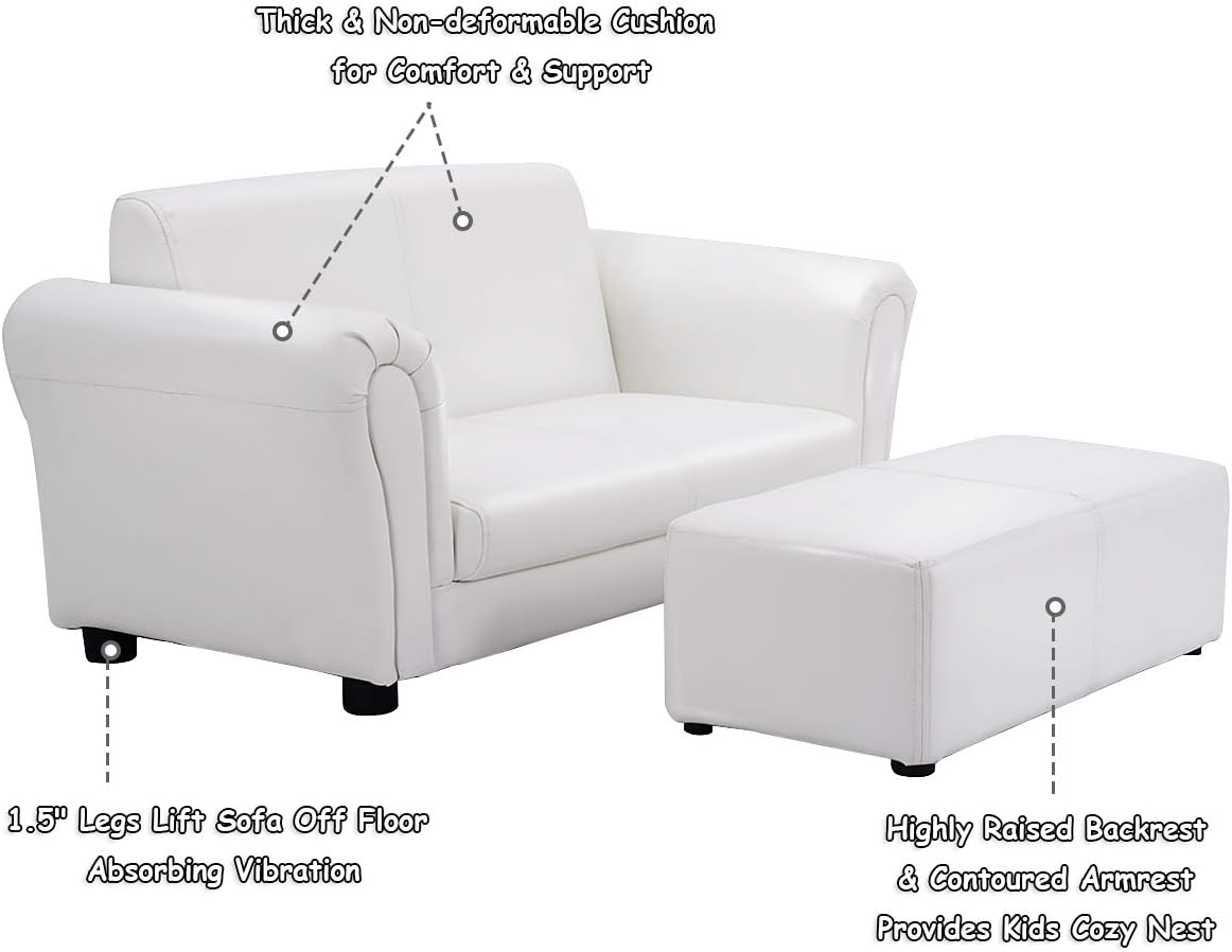 Costzon Kids Couch with Footstool, 2 in 1 Double Seat Children's Sofa w/PU Leather Surface, Armrest Chair Lounge, Soft Sofa for Preschool Bedroom Kids Room Toddlers Boys Girls Birthday (White) - Image 6