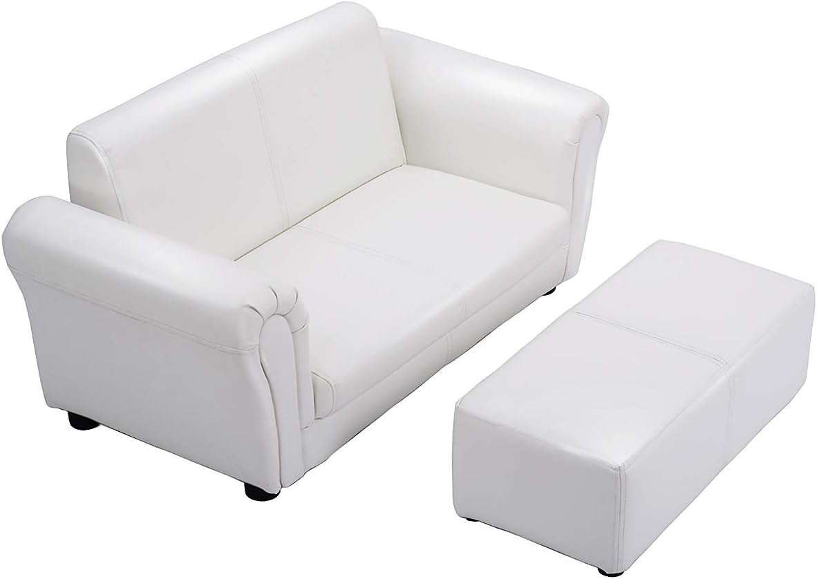 Costzon Kids Couch with Footstool, 2 in 1 Double Seat Children's Sofa w/PU Leather Surface, Armrest Chair Lounge, Soft Sofa for Preschool Bedroom Kids Room Toddlers Boys Girls Birthday (White) - Image 8