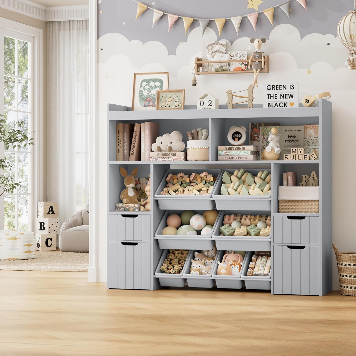 HORSTORS 55" W Toy Storage Organizer with Drawers, Large Kids Toy Storage Box with Removable Bins, Tall Kids Bookshelf and Bookcase for Boys and Girls, Modern Toy Chest for Playroom, Classroom, Grey