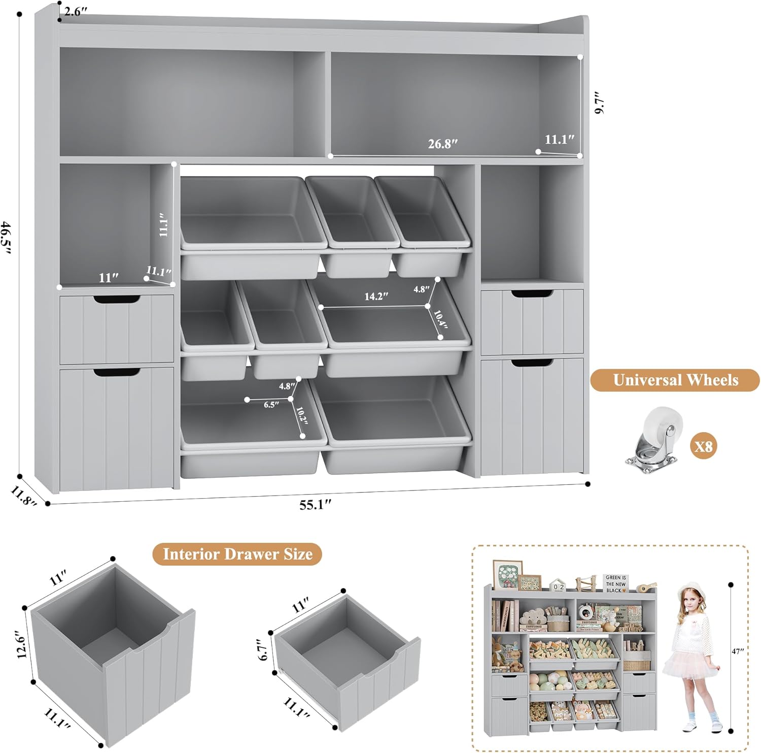 Alternative view of HORSTORS 55" W Toy Storage Organizer with Drawers, Large Kids Toy Storage Box with Removable Bins, Tall Kids Bookshelf and Bookcase for Boys and Girls, Modern Toy Chest for Playroom, Classroom, Grey