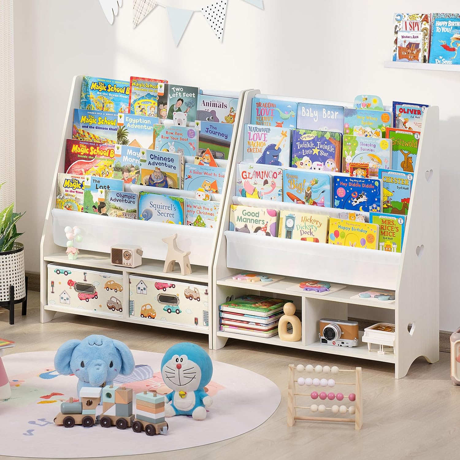 Lerliuo 5 Tier Kids Bookshelf, Beige Children Sling Book Shelf with 2 Drawers, Baby Toddler Wooden Bookcase and Book Rack, Display Shelves Storage Organizer for Classroom, Playroom, Bedroom, Nursery