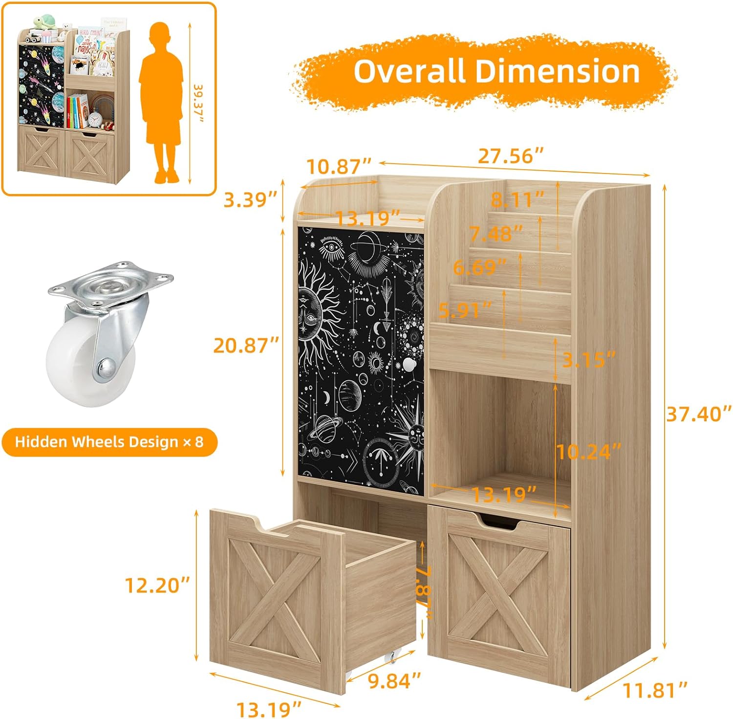 Toy Storage Organizer with Reading Nook, Wooden Kids Bookshelf with 2 Movable Drawers and Chalkboard, Multi-functional Toy Chest Shelf Organizer with Hidden Wheels for Playroom, Kids Room, Oak