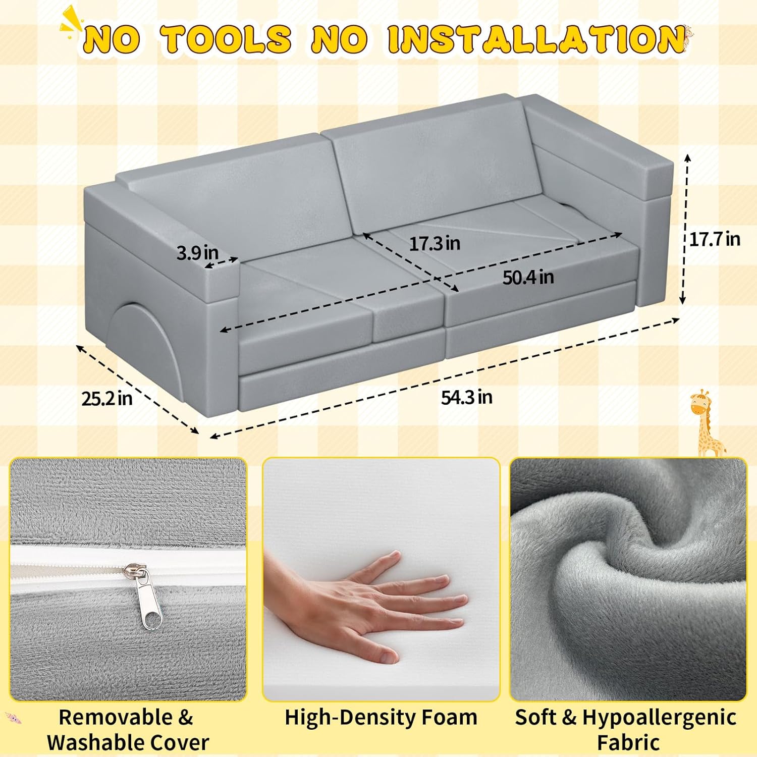 laapee 15pcs Unique Modular Kids Play Couch - Custom Nugget Style Toddler Sofa Bed with Removable Crystal Velvet Cover, Safe Kids Furniture for Playroom & Bedroom, for Boys and Girls