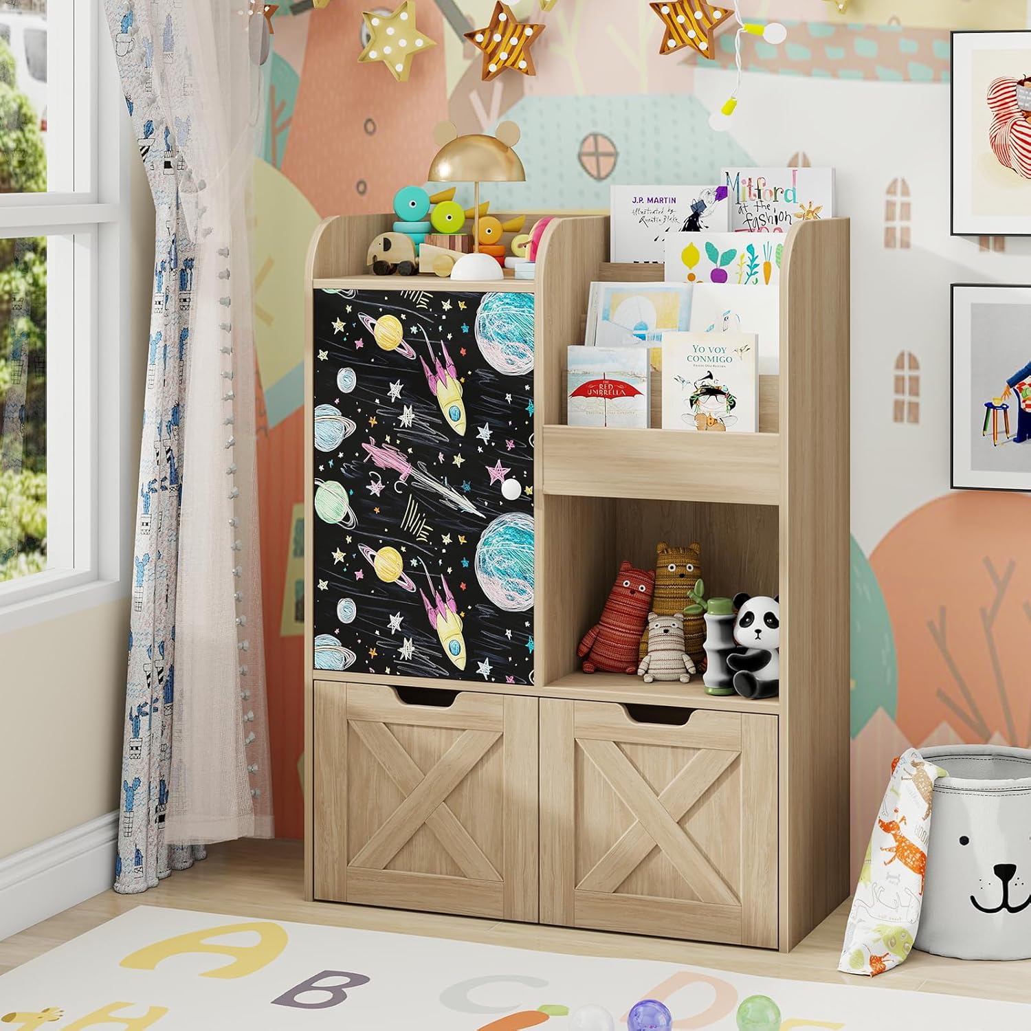 Alternative view of Toy Storage Organizer with Reading Nook, Wooden Kids Bookshelf with 2 Movable Drawers and Chalkboard, Multi-functional Toy Chest Shelf Organizer with Hidden Wheels for Playroom, Kids Room, Oak