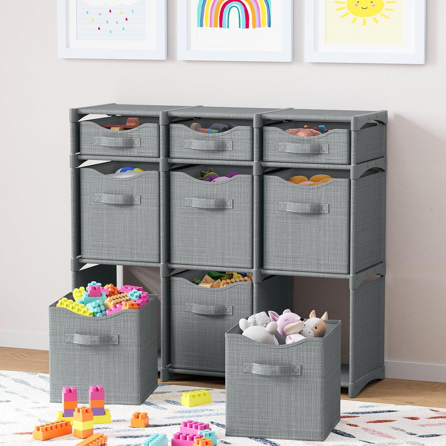 9 Cube Closet Organizers, Includes All Storage Cube Bins, Easy To Assemble Storage Unit With Drawers | Room Organizer For Clothes, Baby Closet Bedroom, Playroom, Dorm (Light Grey)