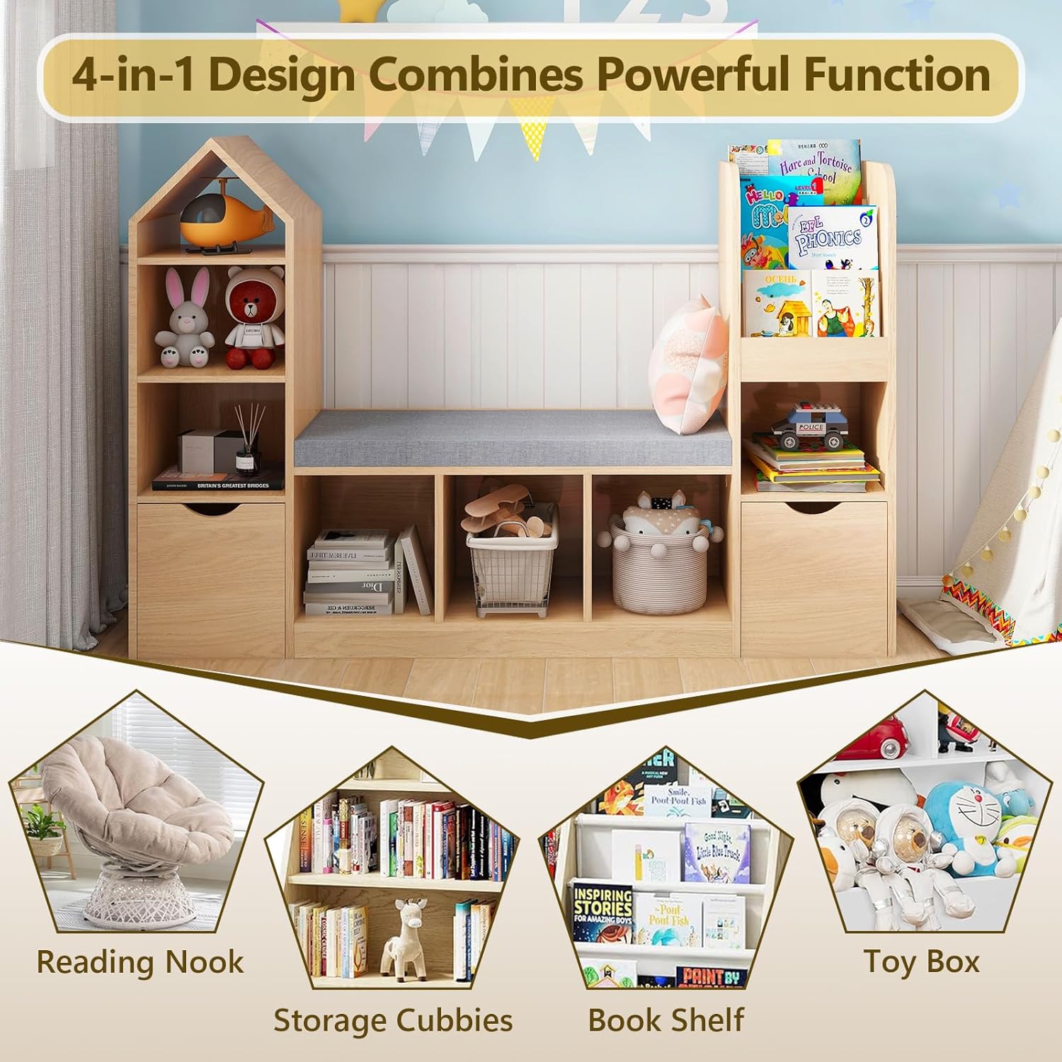 Alternative view of Vabches Kids Bookcase with Reading Nook, Oak Bookshelf with 7 Storage Cubbies & 2 Movable Drawers, Seat Cushion for Toy Storage, Children's Bedroom