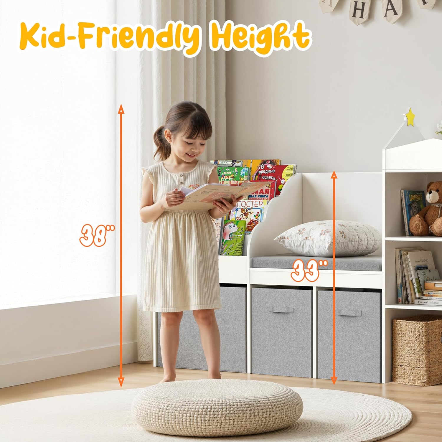 spanspace Kids Bookshelf with Reading Nook, Wooden Toy Storage Organizer with Cushioned Seat and 3 Fabric Drawers, Toddler Bookcase with Bench for Playroom, Bedroom, Nursery