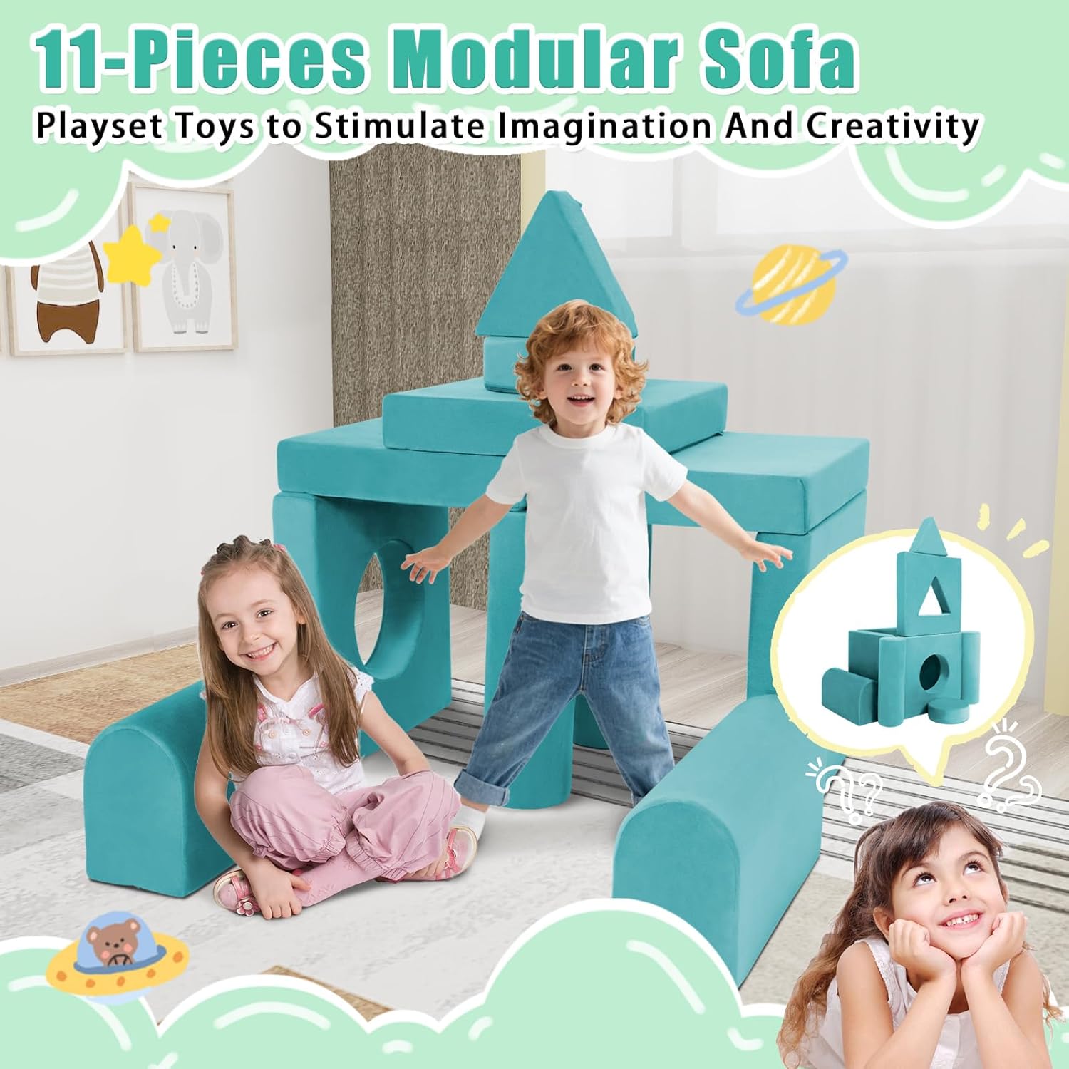 Alternative view of FKSLIFE 11pcs Modular Kids Play Couch Toddler Sectional Sofa DIY Creativing Convertible Play Fort Foam Play Couch Child Floor Folding Sofa for Playroom Bedroom Living Rooms Furniture(Dark Gray)