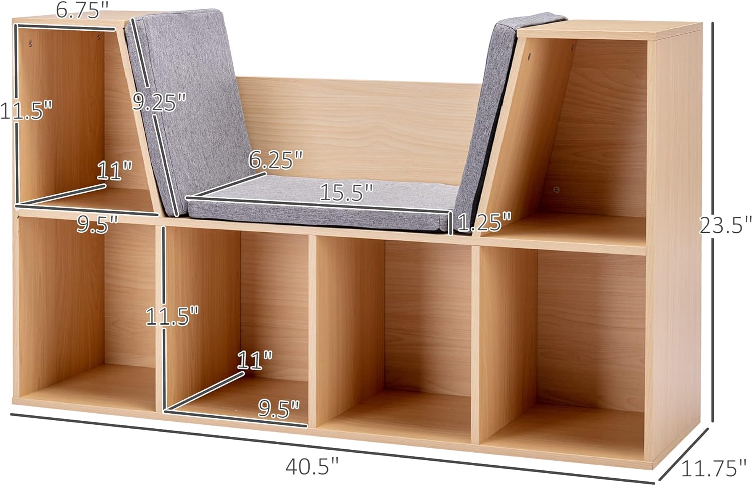 Alternative view of HOMCOM 6-Cubby Kids Bookcase with Reading Nook and Cushion, Multi-Purpose Storage Organizer for Bedroom, Living Room, Natural