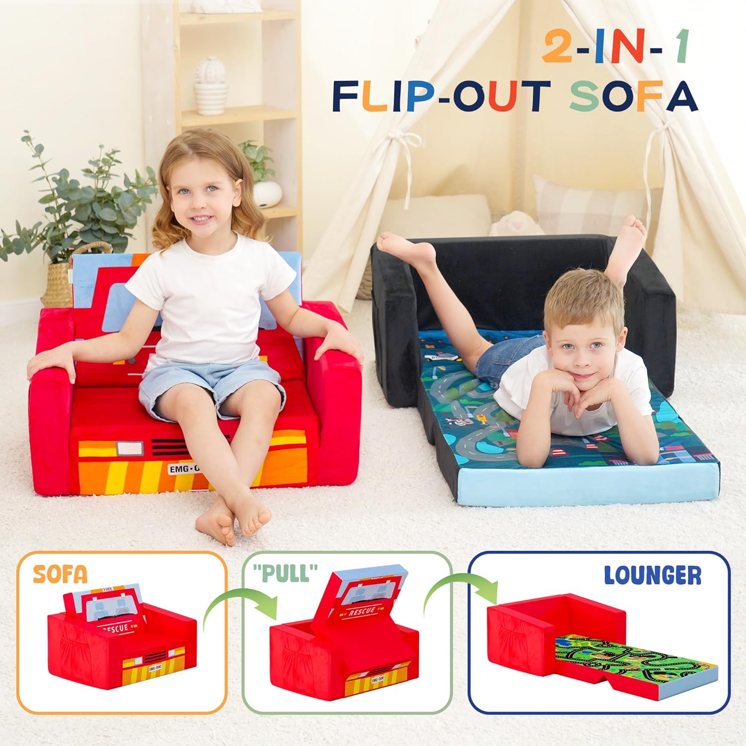 Alternative view of MallBest Kids Sofas Children's Sofa Bed Baby's Upholstered Couch Sleepover Chair Flipout Open Recliner(Red/Fire Truck)