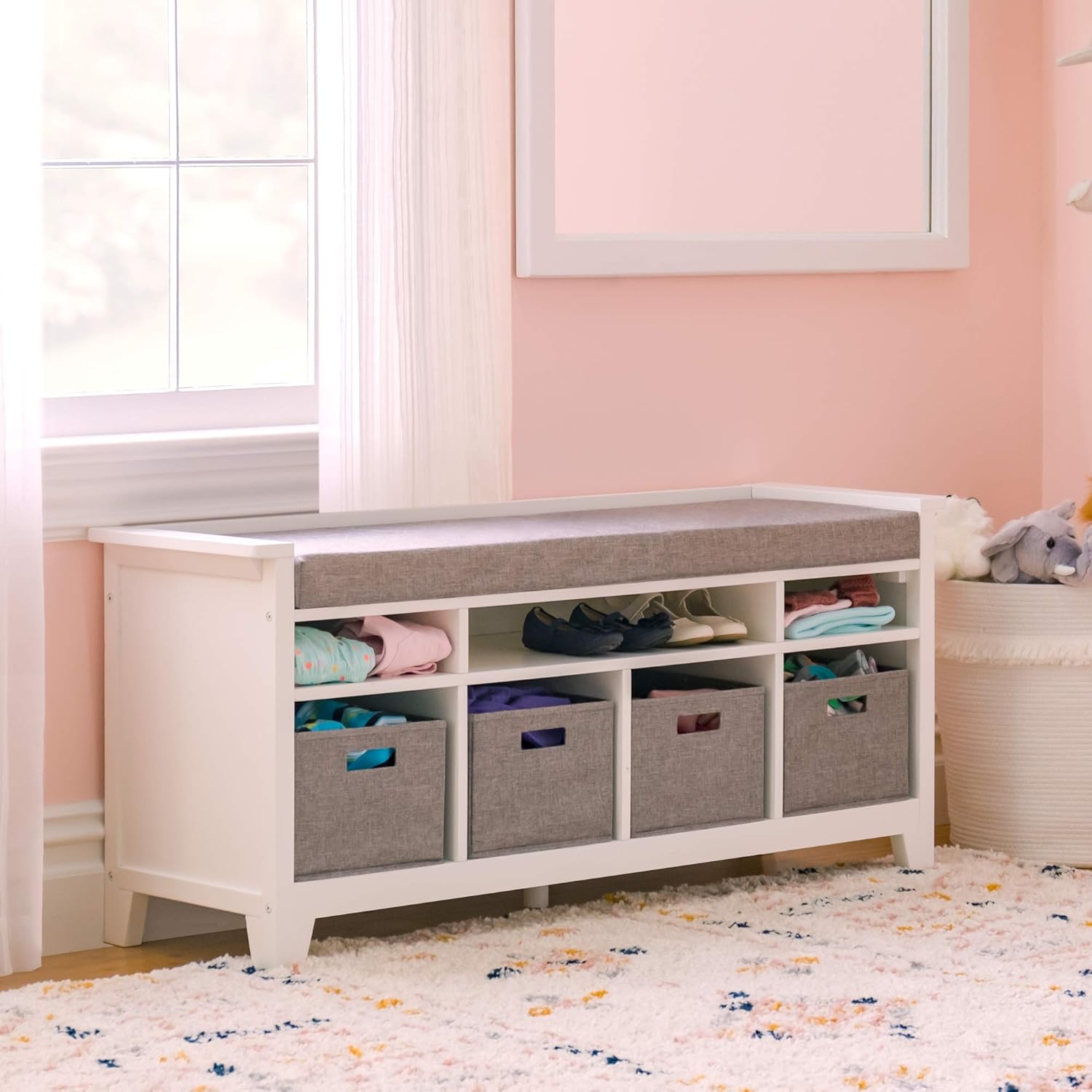 Alternative view of Martha Stewart Kids' Storage Bench - Linen White: Wooden Toy and Book Organizer with Shelves, Built-in Cushion and Fabric Bins for Playroom and Bedroom