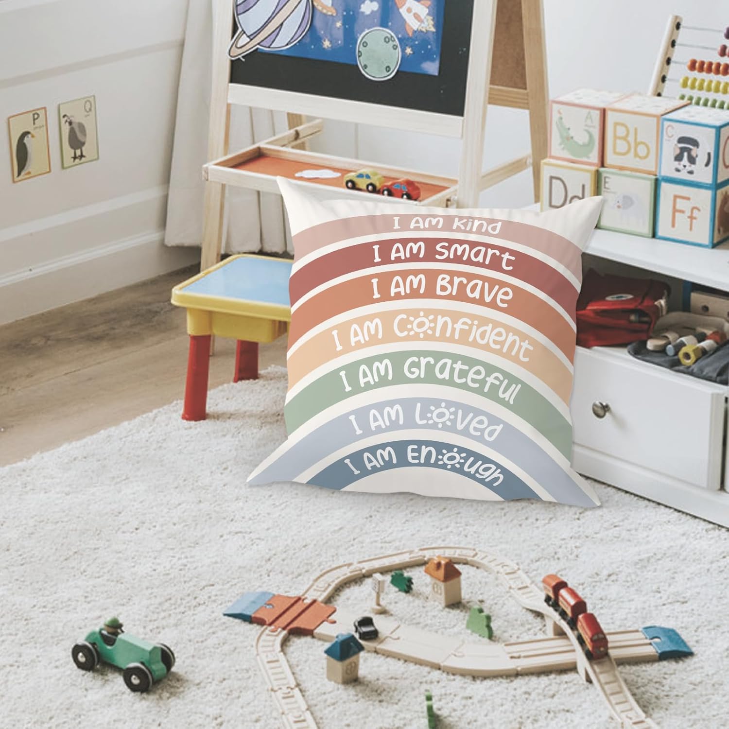 QIYUHOY Kids Classroom Reading Corner Rainbow Throw Pillow Covers 18x18, Positive Affirmations Pillow Case Decor for Calming Corner Cozy Corner Nursery Toddler Room Playroom