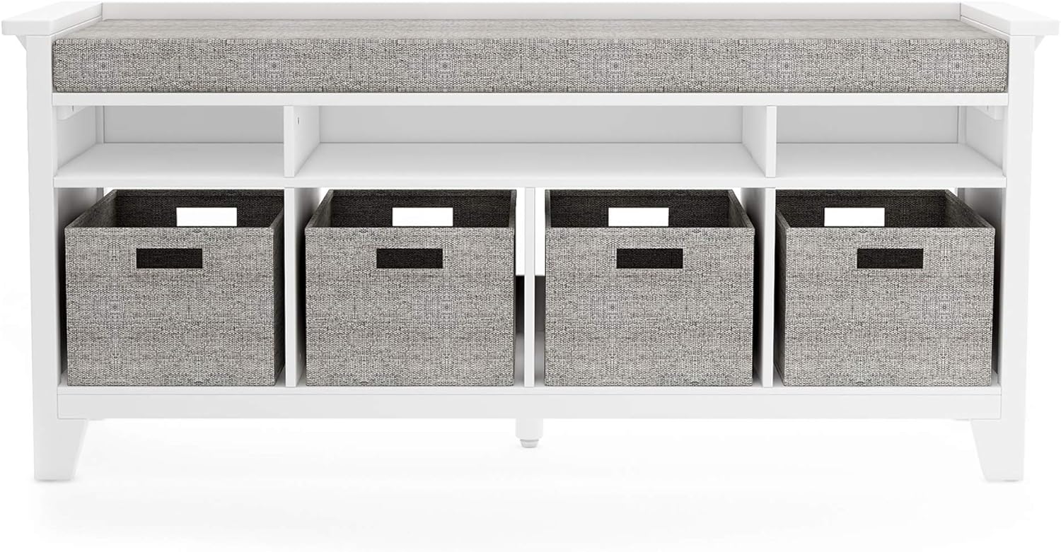 Martha Stewart Kids' Storage Bench - Linen White: Wooden Toy and Book Organizer with Shelves, Built-in Cushion and Fabric Bins for Playroom and Bedroom - Image 4