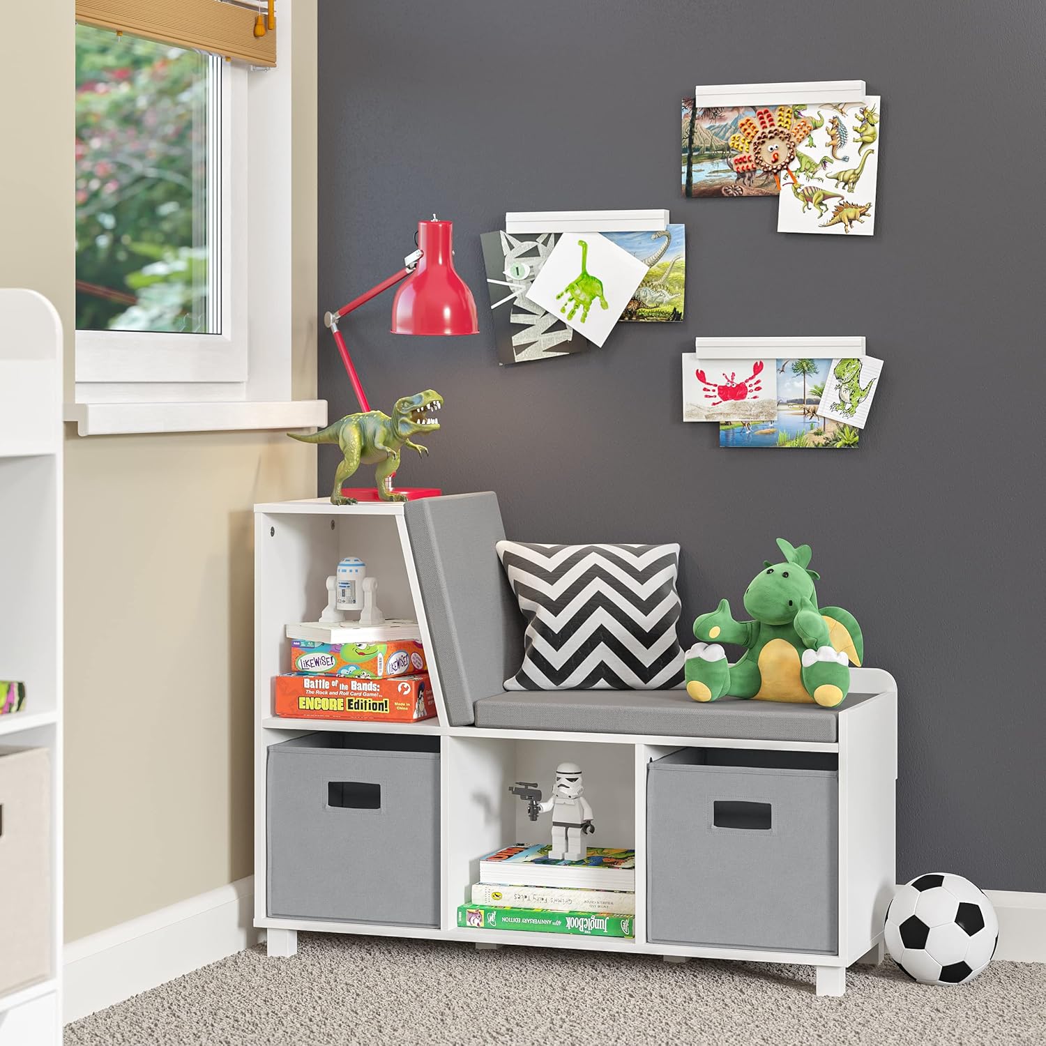 RiverRidge Kids Reading Nook and White Cubby Storage Bench with Comfy Cushioned Seat and Cubbies Toy Organizer, Pure White