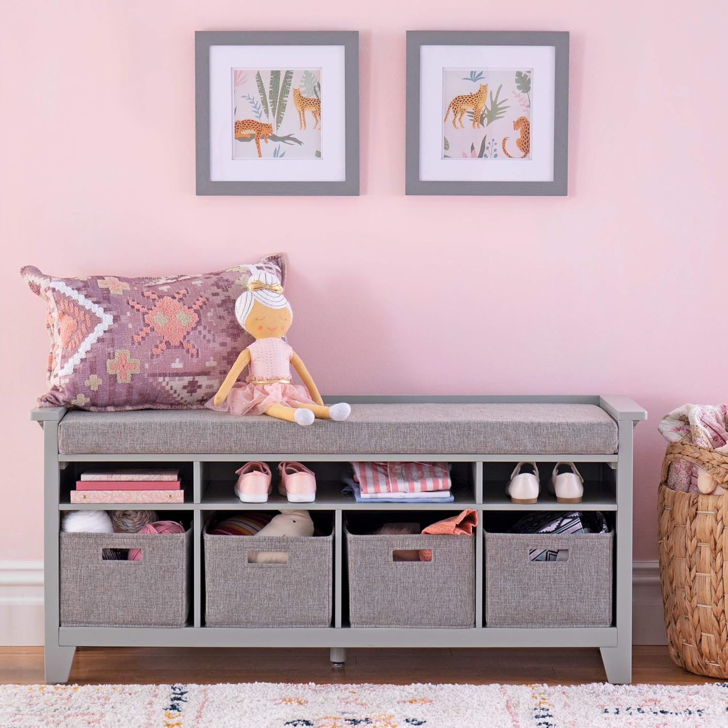 Martha Stewart Kids' Storage Bench - Linen White: Wooden Toy and Book Organizer with Shelves, Built-in Cushion and Fabric Bins for Playroom and Bedroom - Image 6
