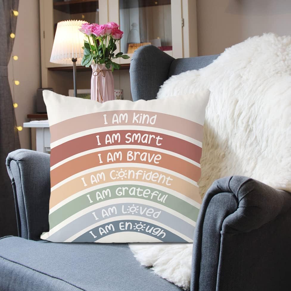 QIYUHOY Kids Classroom Reading Corner Rainbow Throw Pillow Covers 18x18, Positive Affirmations Pillow Case Decor for Calming Corner Cozy Corner Nursery Toddler Room Playroom - Image 3