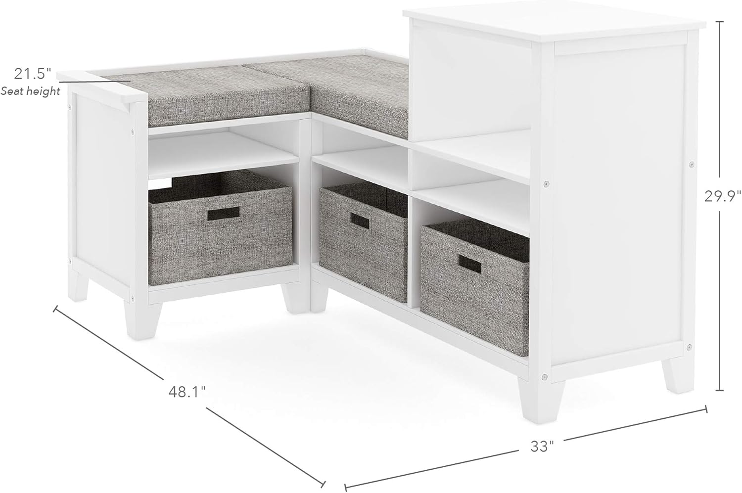Martha Stewart Kids' Corner Nook - Linen White: Wooden Storage Bench Bookcase Organizer with Seat Cushion and Fabric Bins for Reading in Bedroom or Playroom