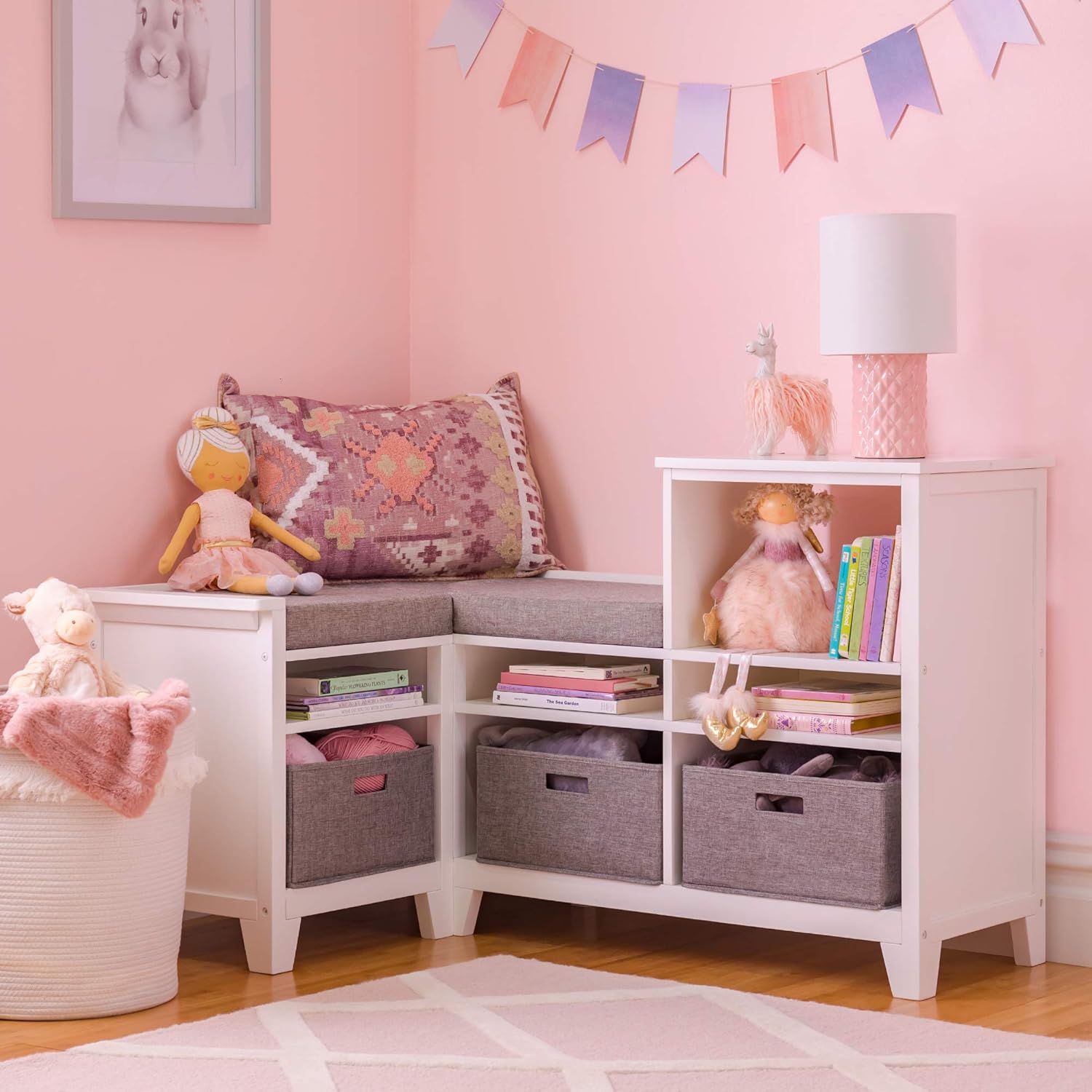 Alternative view of Martha Stewart Kids' Corner Nook - Linen White: Wooden Storage Bench Bookcase Organizer with Seat Cushion and Fabric Bins for Reading in Bedroom or Playroom
