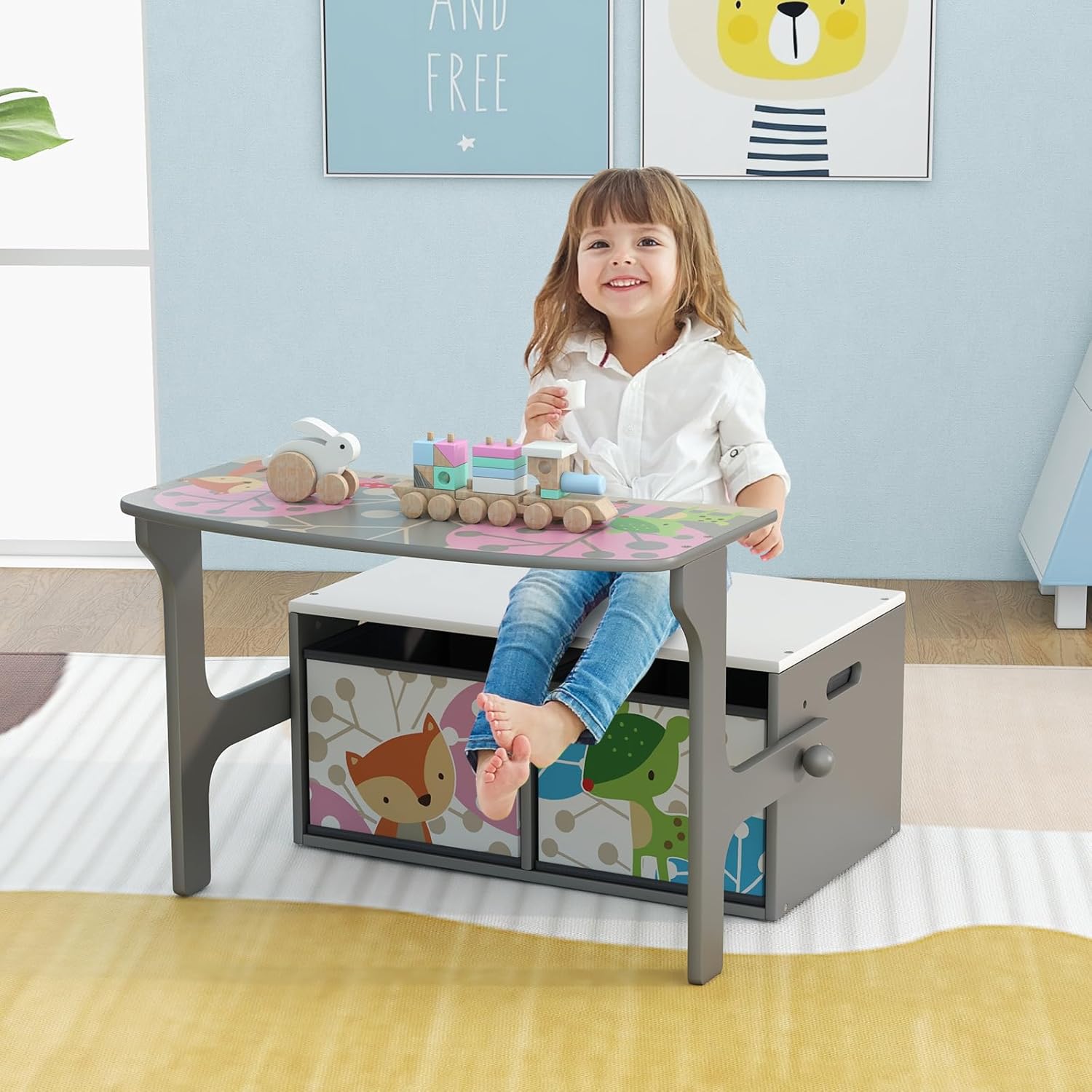 Costzon Kids Table and Chair Set, Convertible Toy Storage Bench with 2 Removable Fabric Bins for Kindergarten, Preschool, Kids Room, Playroom, Wood Reading Nook for Toddler Boys Girls Ages 3+ (Grey)