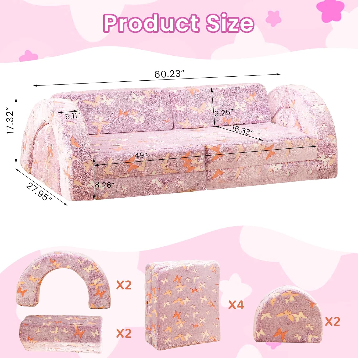 Stmoze 10Pcs Modular Kids Play Couch Glow, Convertible Play Fort Kids Couch, Instant Rebound 28D Foam Toddler Couchs, Kid Sofa for Playroom, Bedroom Furniture, Purple and Butterfly
