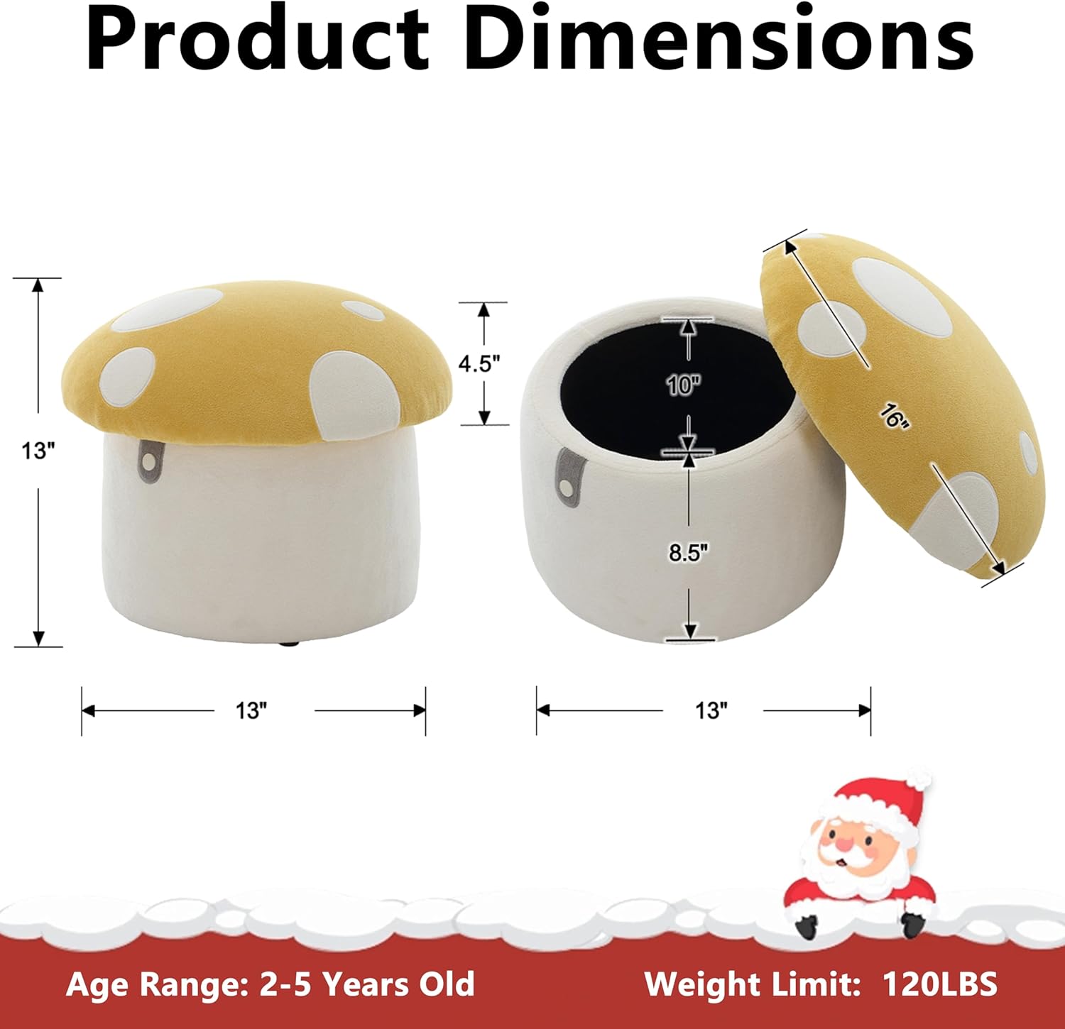 DAYARUS Mushroom Toddler Chair Comfy Chenille Kids Reading Chairs, Wooden Children Stool, No Assembly Kid Desk Chair, Cute Storage Ottoman for Kids Bedroom Furniture/Playroom/Boys Girls Gifts, Yellow