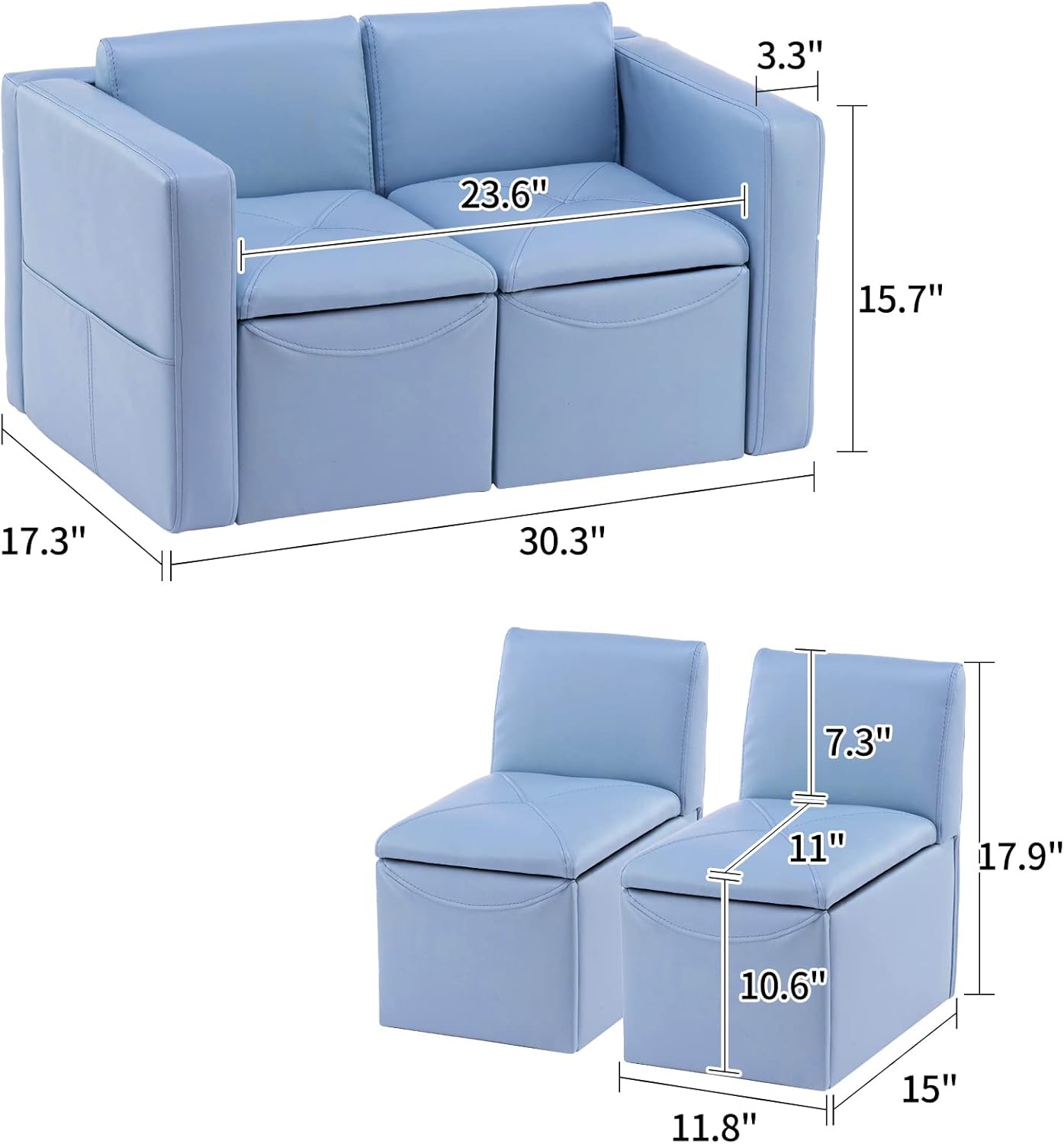 UNICOO Toddler Convertable Sofa, 2-in-1 Double Set Sofa Convert to Table & 2 Chairs, Toddler Lounge with Wooden Frame and Leather Surface, Childrens Couch Armrest Chair with Storage Box (Sky Blue)