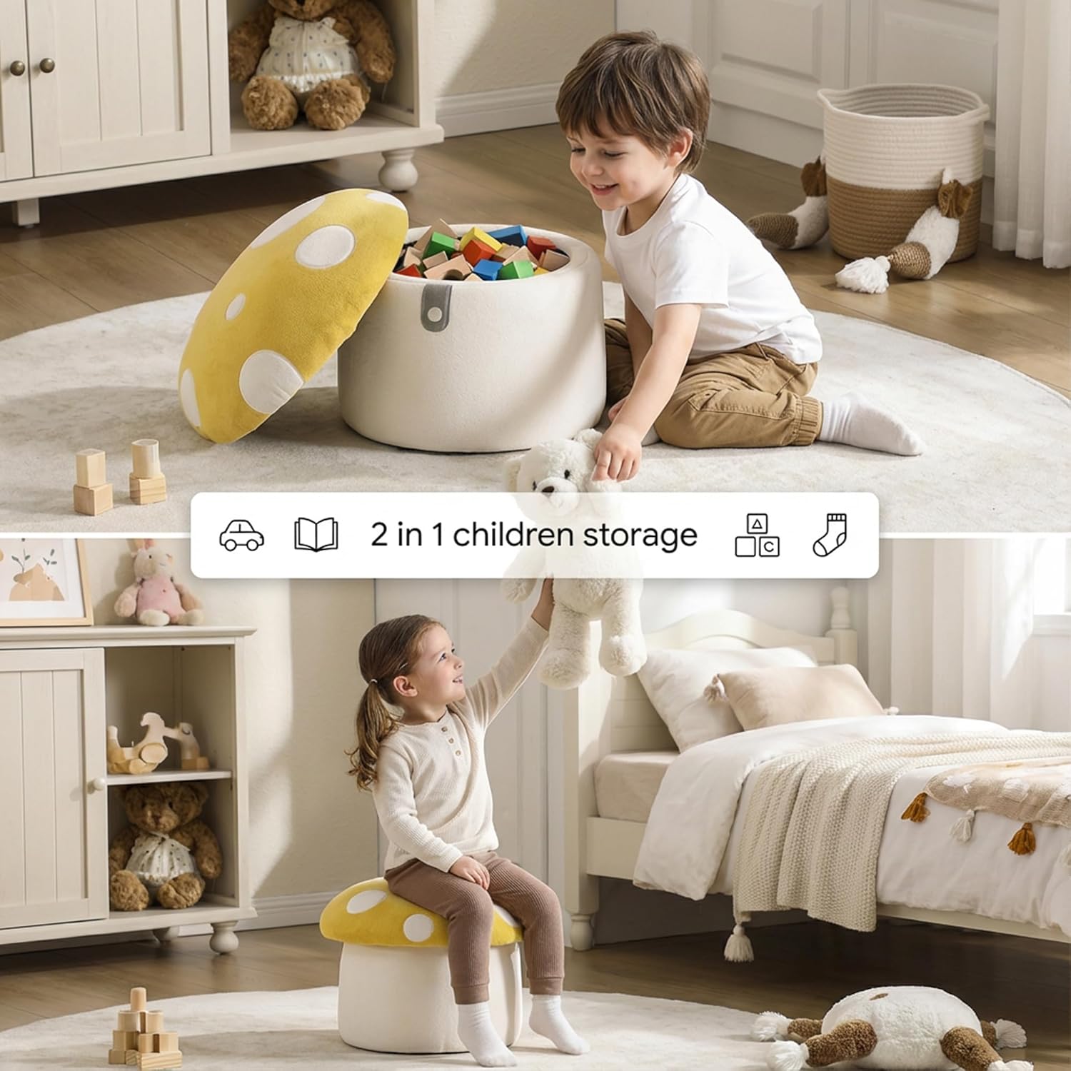 DAYARUS Mushroom Toddler Chair Comfy Chenille Kids Reading Chairs, Wooden Children Stool, No Assembly Kid Desk Chair, Cute Storage Ottoman for Kids Bedroom Furniture/Playroom/Boys Girls Gifts, Yellow - Image 3