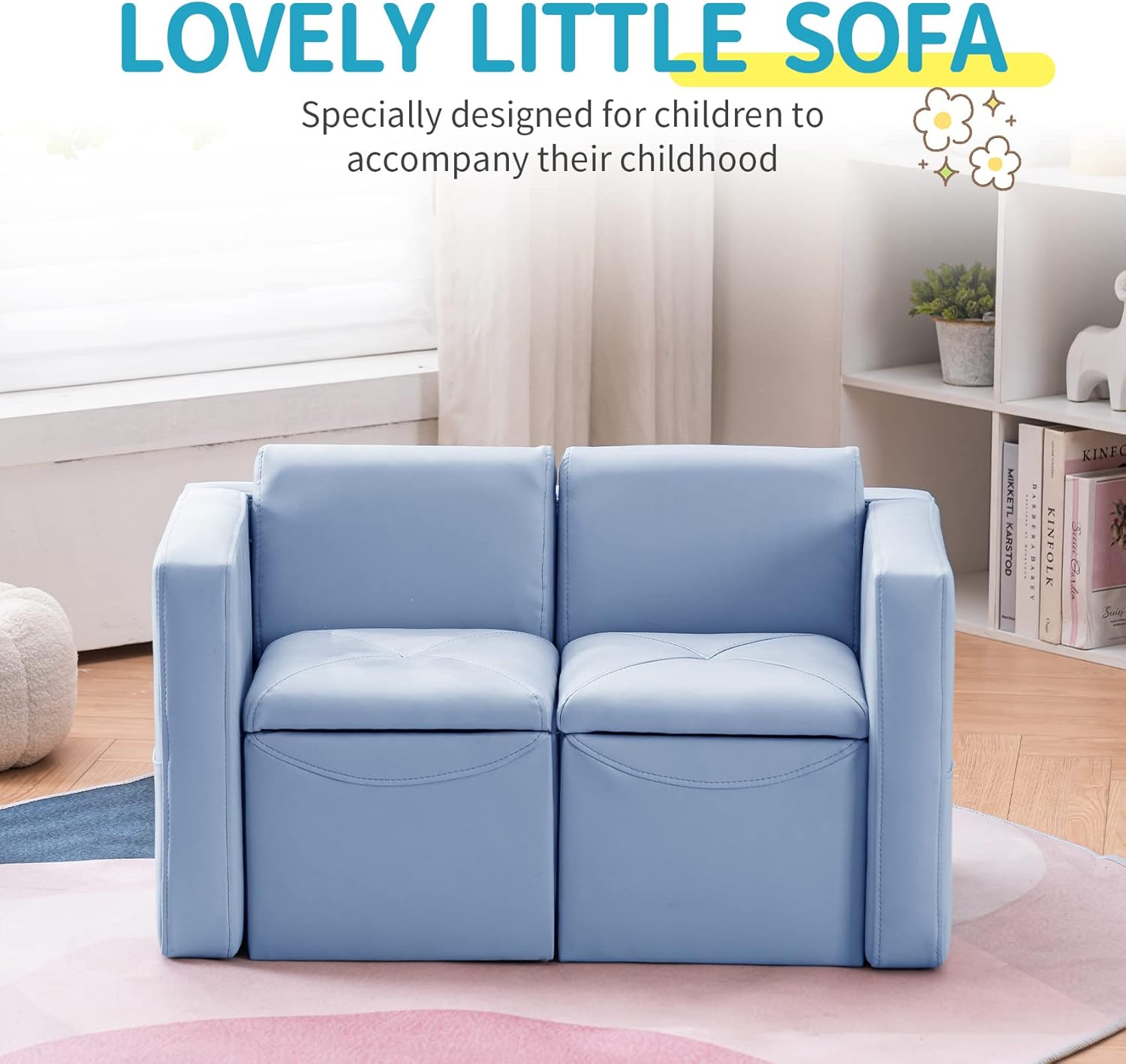 Alternative view of UNICOO Toddler Convertable Sofa, 2-in-1 Double Set Sofa Convert to Table & 2 Chairs, Toddler Lounge with Wooden Frame and Leather Surface, Childrens Couch Armrest Chair with Storage Box (Sky Blue)