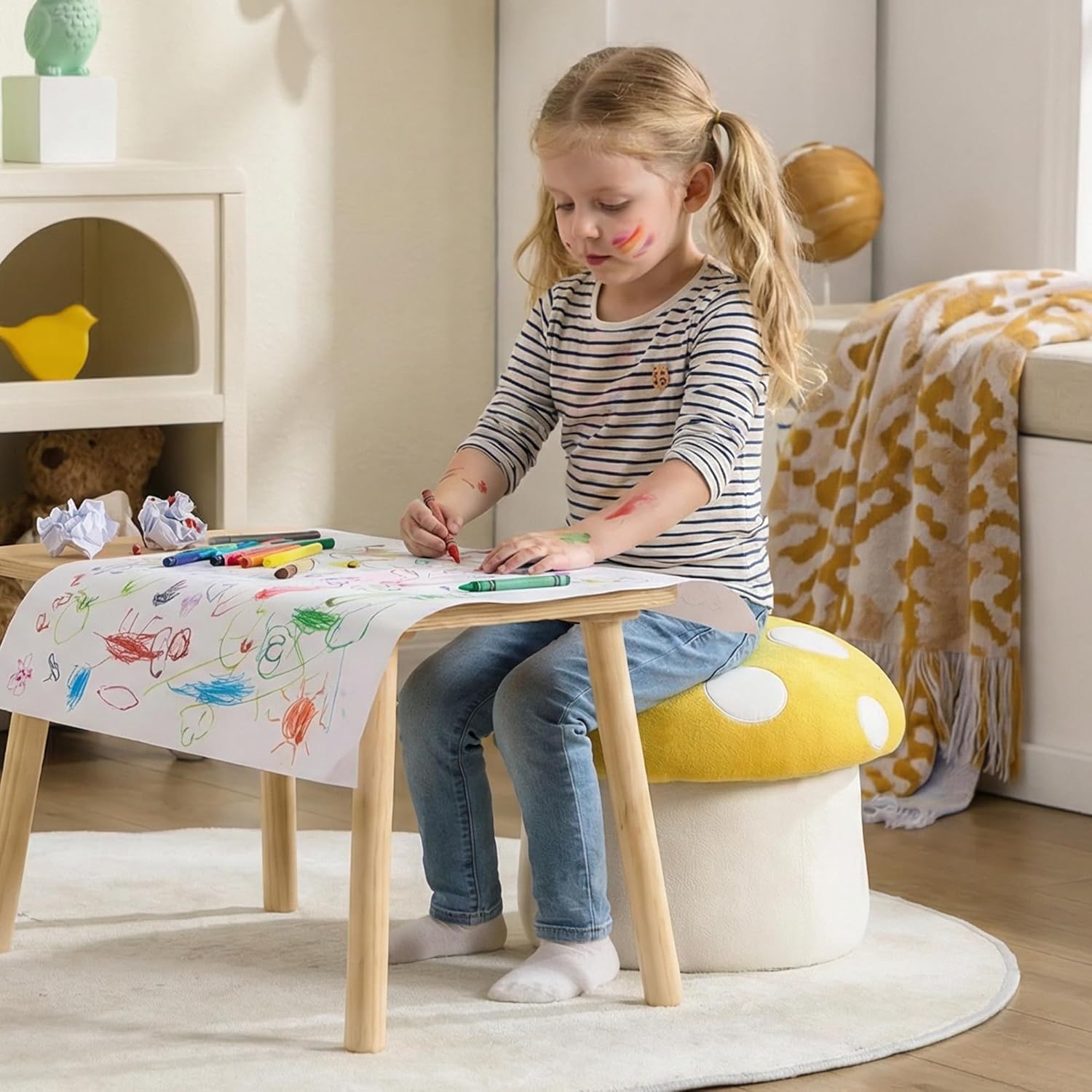 DAYARUS Mushroom Toddler Chair Comfy Chenille Kids Reading Chairs, Wooden Children Stool, No Assembly Kid Desk Chair, Cute Storage Ottoman for Kids Bedroom Furniture/Playroom/Boys Girls Gifts, Yellow - Image 4