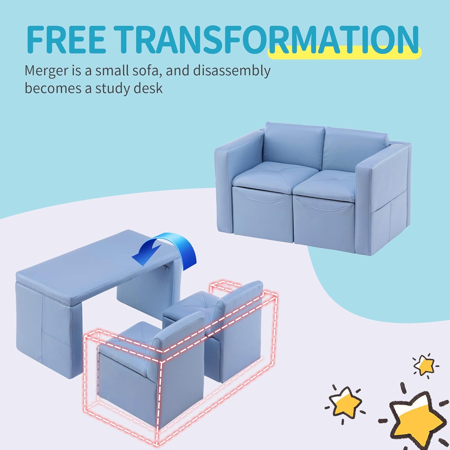 UNICOO Toddler Convertable Sofa, 2-in-1 Double Set Sofa Convert to Table & 2 Chairs, Toddler Lounge with Wooden Frame and Leather Surface, Childrens Couch Armrest Chair with Storage Box (Sky Blue) - Image 3