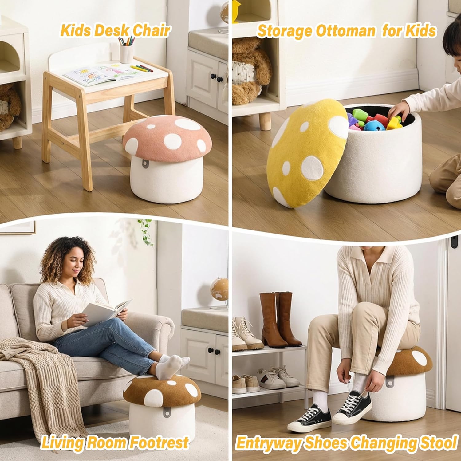 DAYARUS Mushroom Toddler Chair Comfy Chenille Kids Reading Chairs, Wooden Children Stool, No Assembly Kid Desk Chair, Cute Storage Ottoman for Kids Bedroom Furniture/Playroom/Boys Girls Gifts, Yellow - Image 5