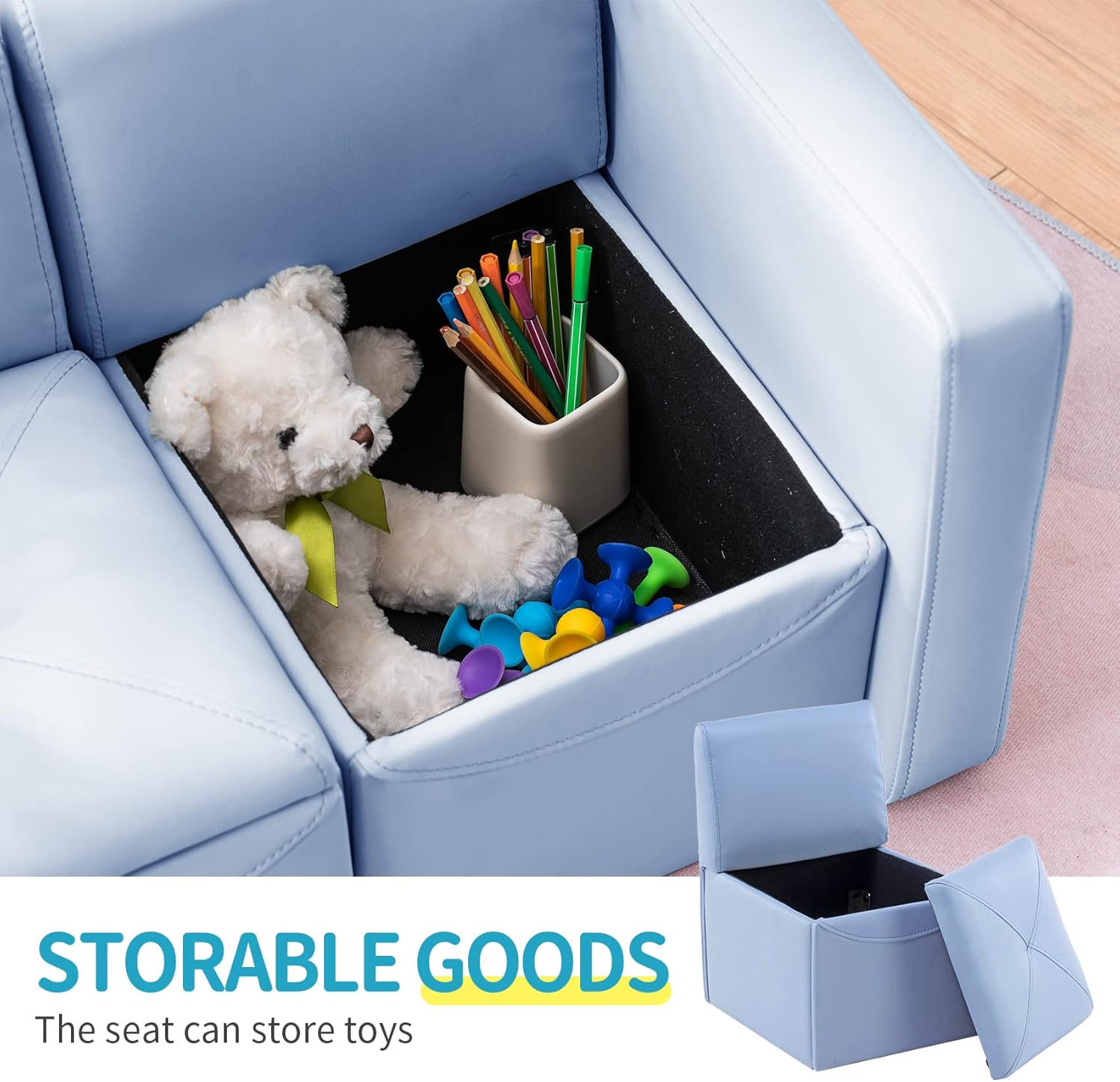 UNICOO Toddler Convertable Sofa, 2-in-1 Double Set Sofa Convert to Table & 2 Chairs, Toddler Lounge with Wooden Frame and Leather Surface, Childrens Couch Armrest Chair with Storage Box (Sky Blue) - Image 4