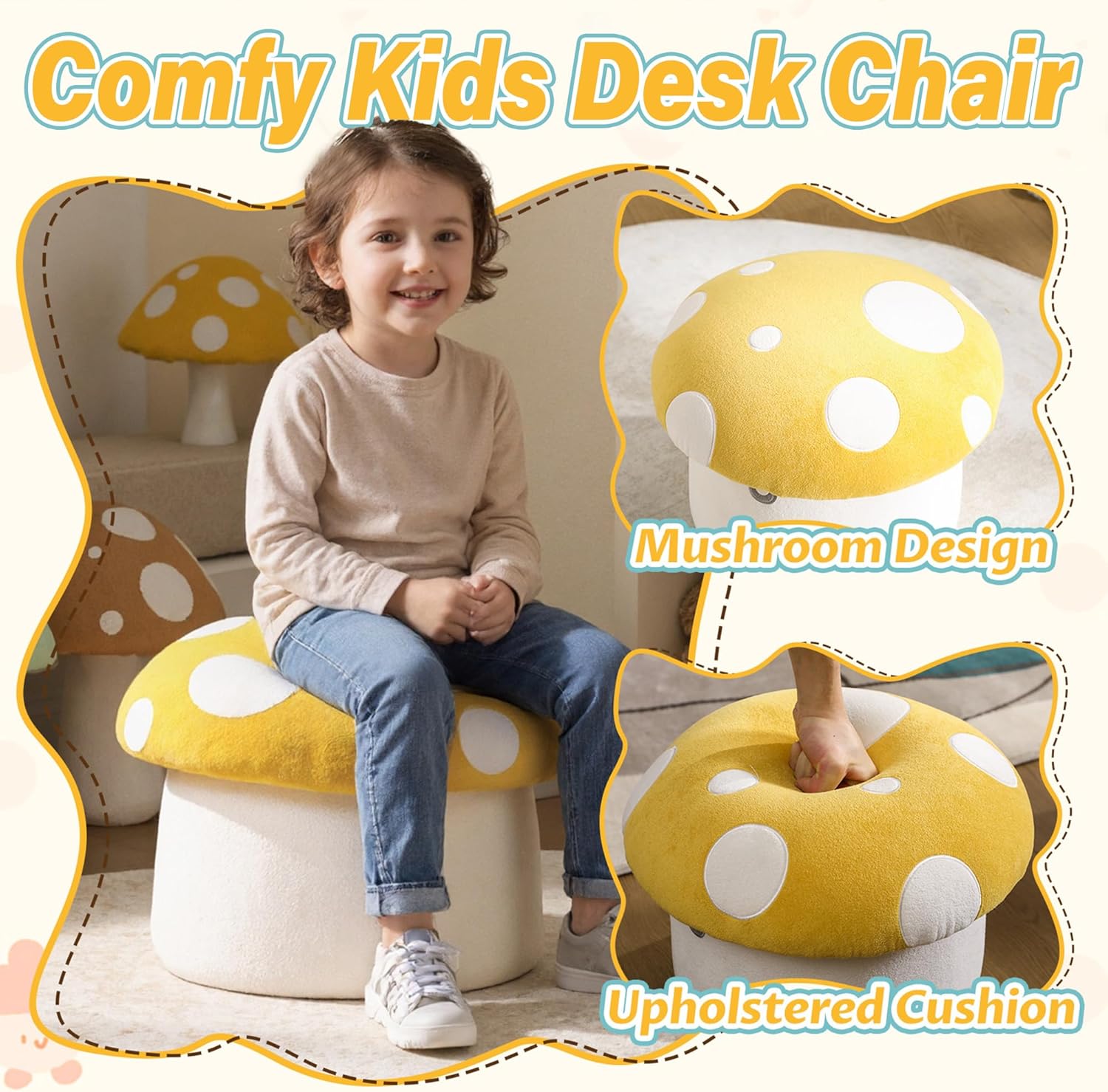DAYARUS Mushroom Toddler Chair Comfy Chenille Kids Reading Chairs, Wooden Children Stool, No Assembly Kid Desk Chair, Cute Storage Ottoman for Kids Bedroom Furniture/Playroom/Boys Girls Gifts, Yellow - Image 6