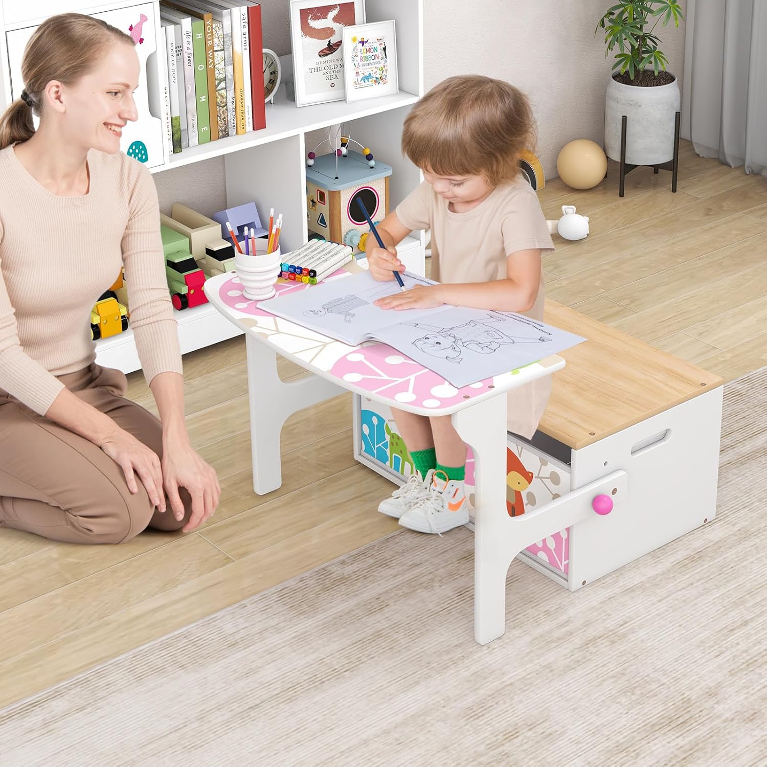 HONEY JOY Kids Table and Chair Set, 3-in-1 Convertible Wooden Toy Storage Bench with Handle, 2 Bins for Kids Reading Nook, Toddler Table and Chair Set for Daycare Playroom Classroom (White)