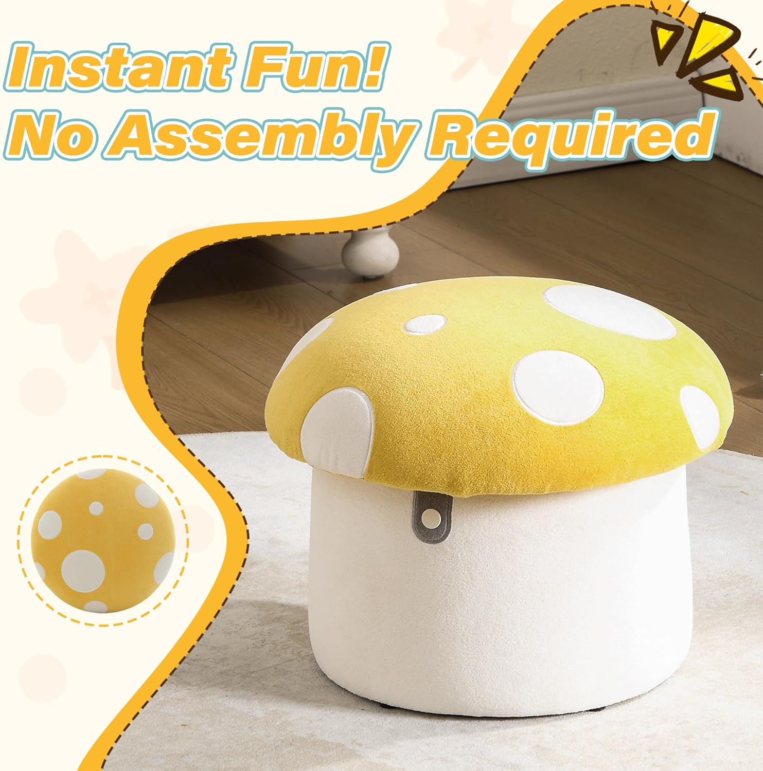 DAYARUS Mushroom Toddler Chair Comfy Chenille Kids Reading Chairs, Wooden Children Stool, No Assembly Kid Desk Chair, Cute Storage Ottoman for Kids Bedroom Furniture/Playroom/Boys Girls Gifts, Yellow - Image 7