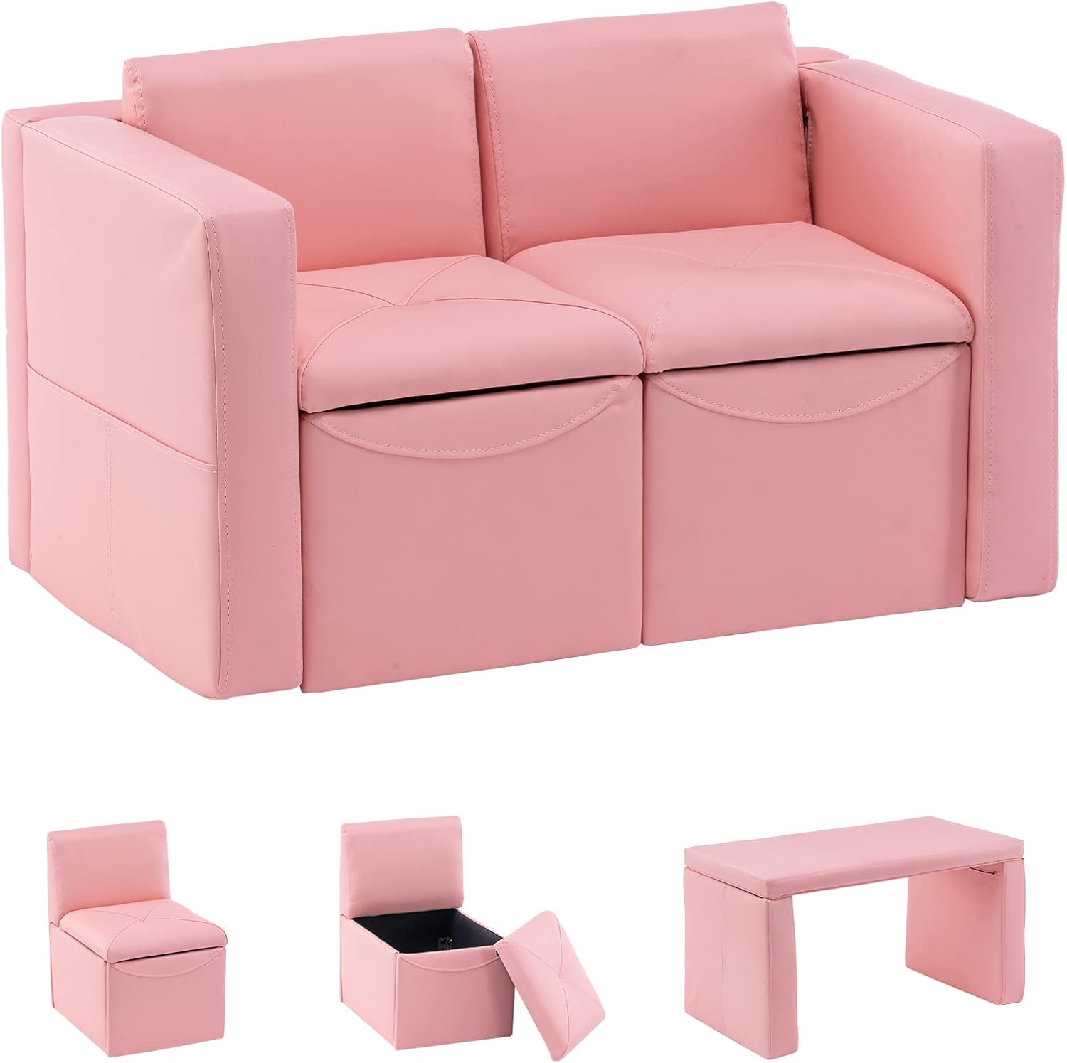 UNICOO Toddler Convertable Sofa, 2-in-1 Double Set Sofa Convert to Table & 2 Chairs, Toddler Lounge with Wooden Frame and Leather Surface, Childrens Couch Armrest Chair with Storage Box (Sky Blue) - Image 7